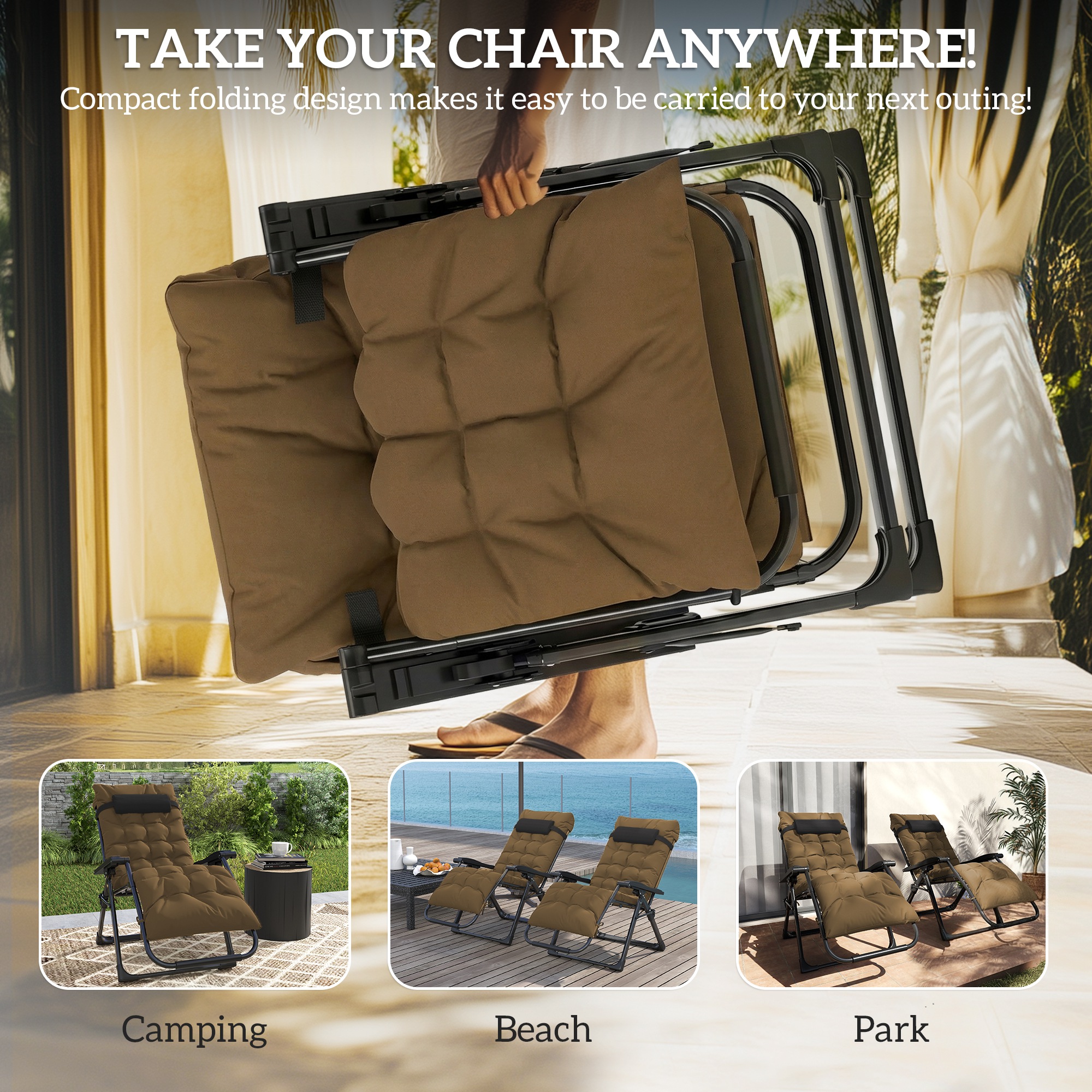 Folding Garden Chairs Set of 2, Reclining Zero Gravity Chair, Sun Lounger with Cushion and Headrest, Khaki - Image 3