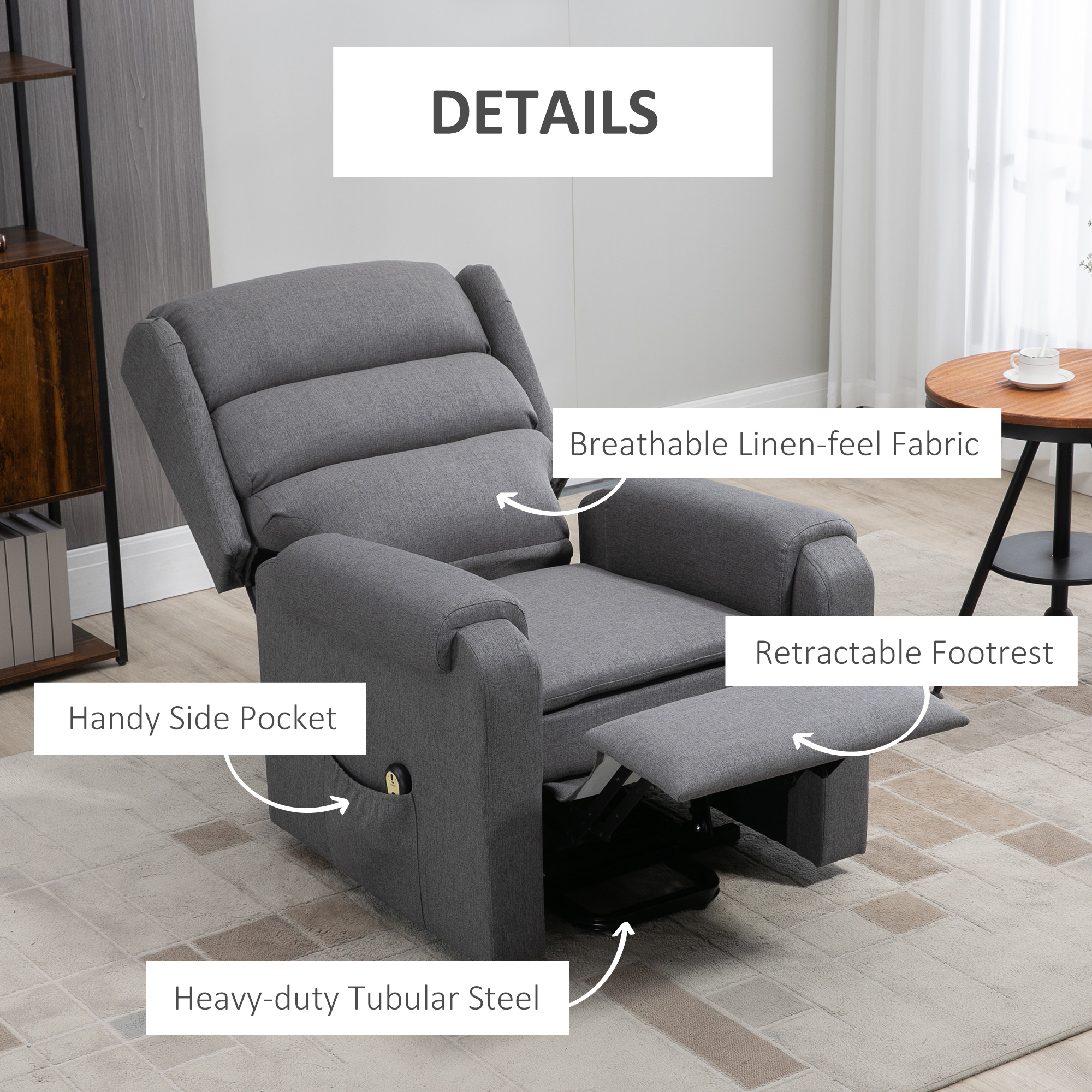 Lift Chair for Elderly, Power Chair Recliner with Footrest, Remote Control, Side Pockets for Living Room, Grey - Image 2