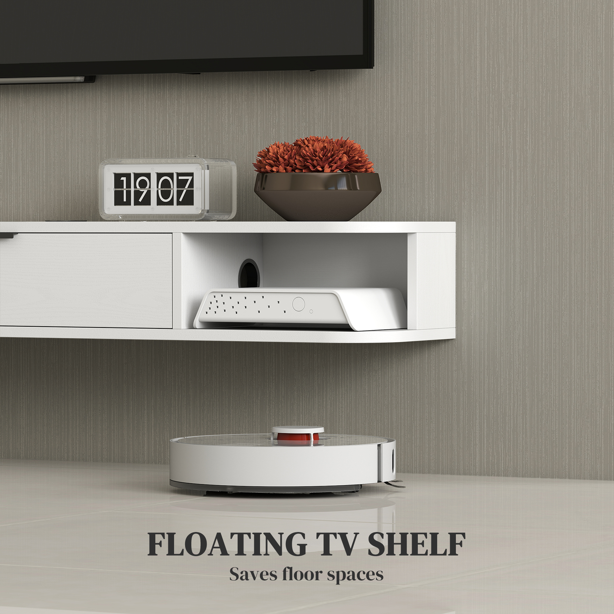 47" Floating TV Stand for TVs up to 50 Inch, Wall Mounted Media Console with Flip Drawer and 2 Open Shelves, White - Image 2