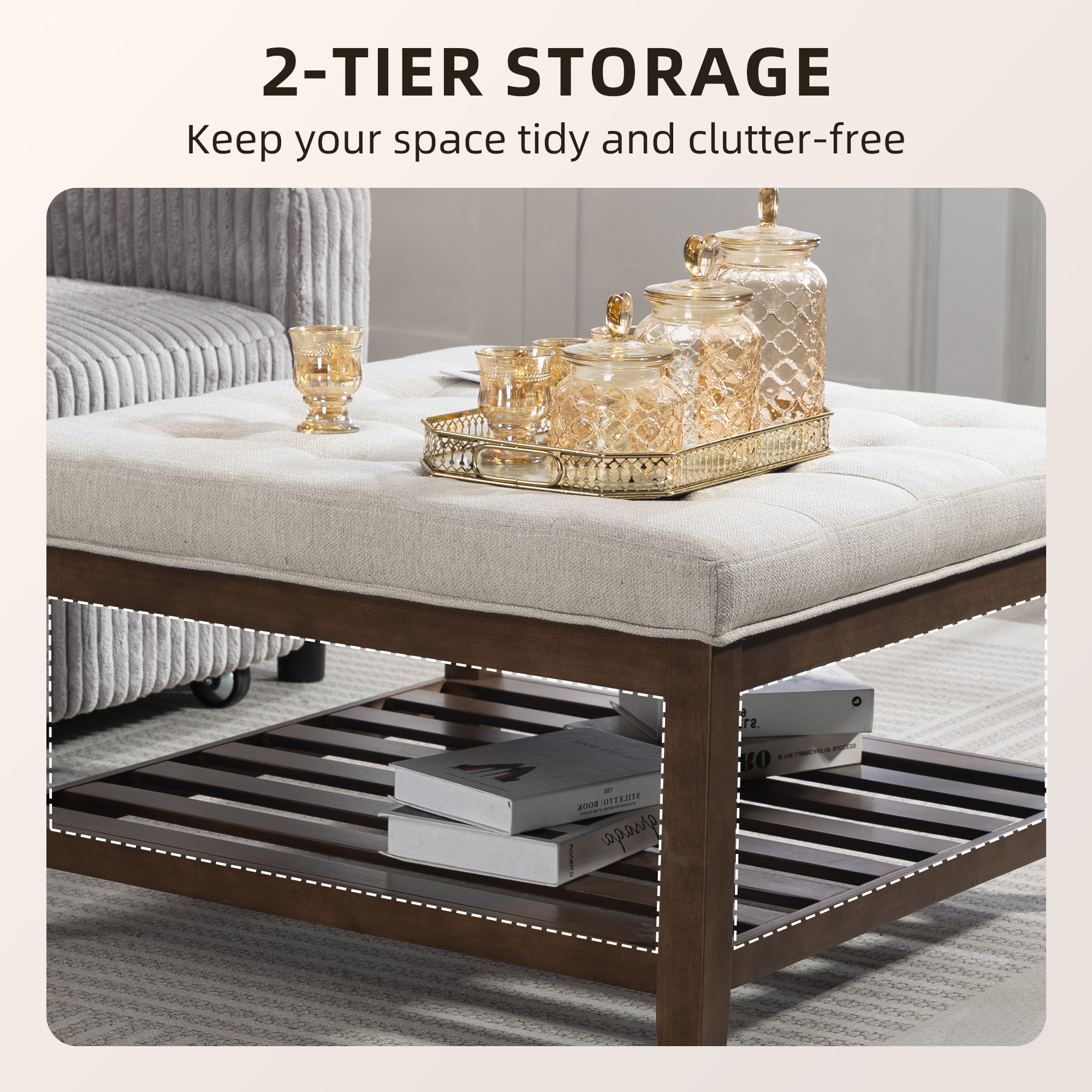 Ottoman Coffee Table, 32 Inch Square Footrest Ottoman with Storage, Linen Upholstered Tufted Footstool, Beige - Image 2