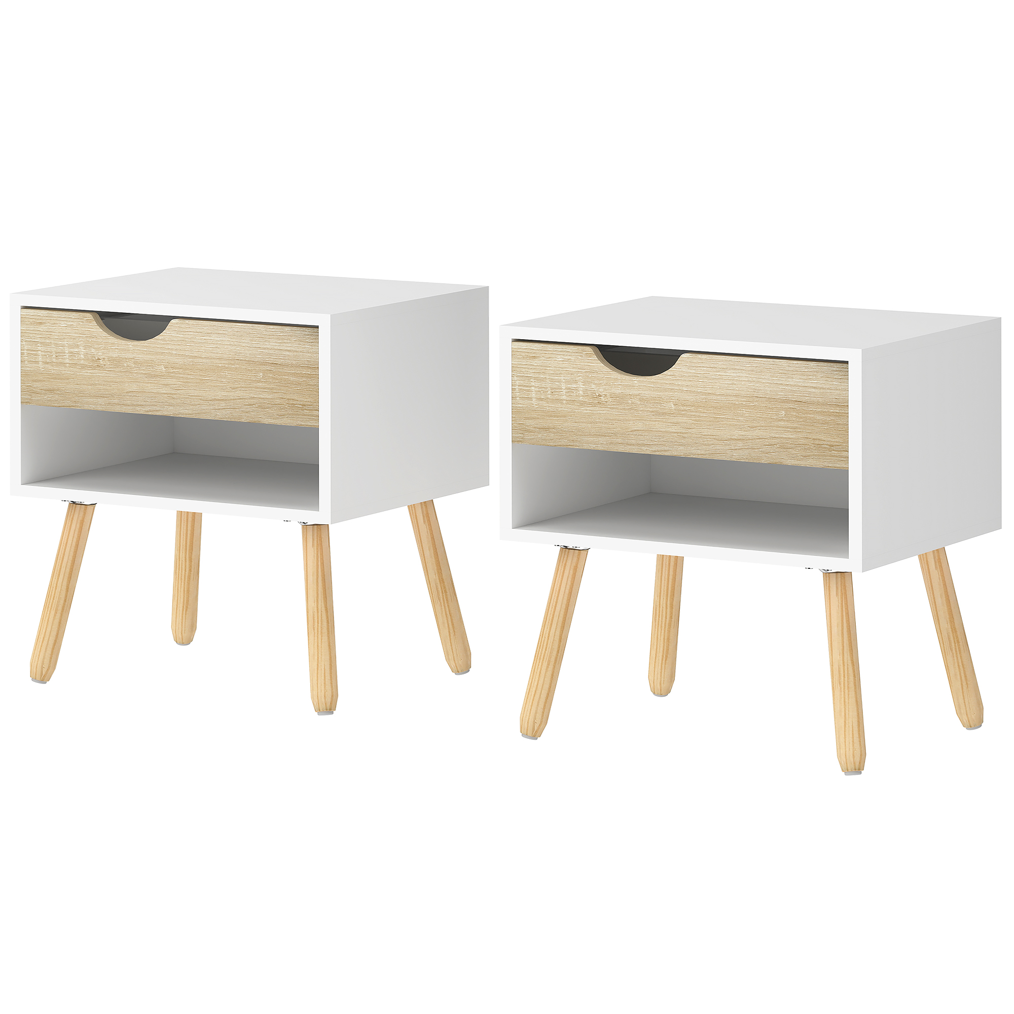 Set of 2 Bedside Table with Drawer and Shelf, Modern Nightstand with Wooden Legs, End Table for Bedroom, White