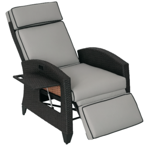 Wicker Recliner Chair with Adjustable Backrest and Footrest, Washable Cushion, Side Tray, Light Grey