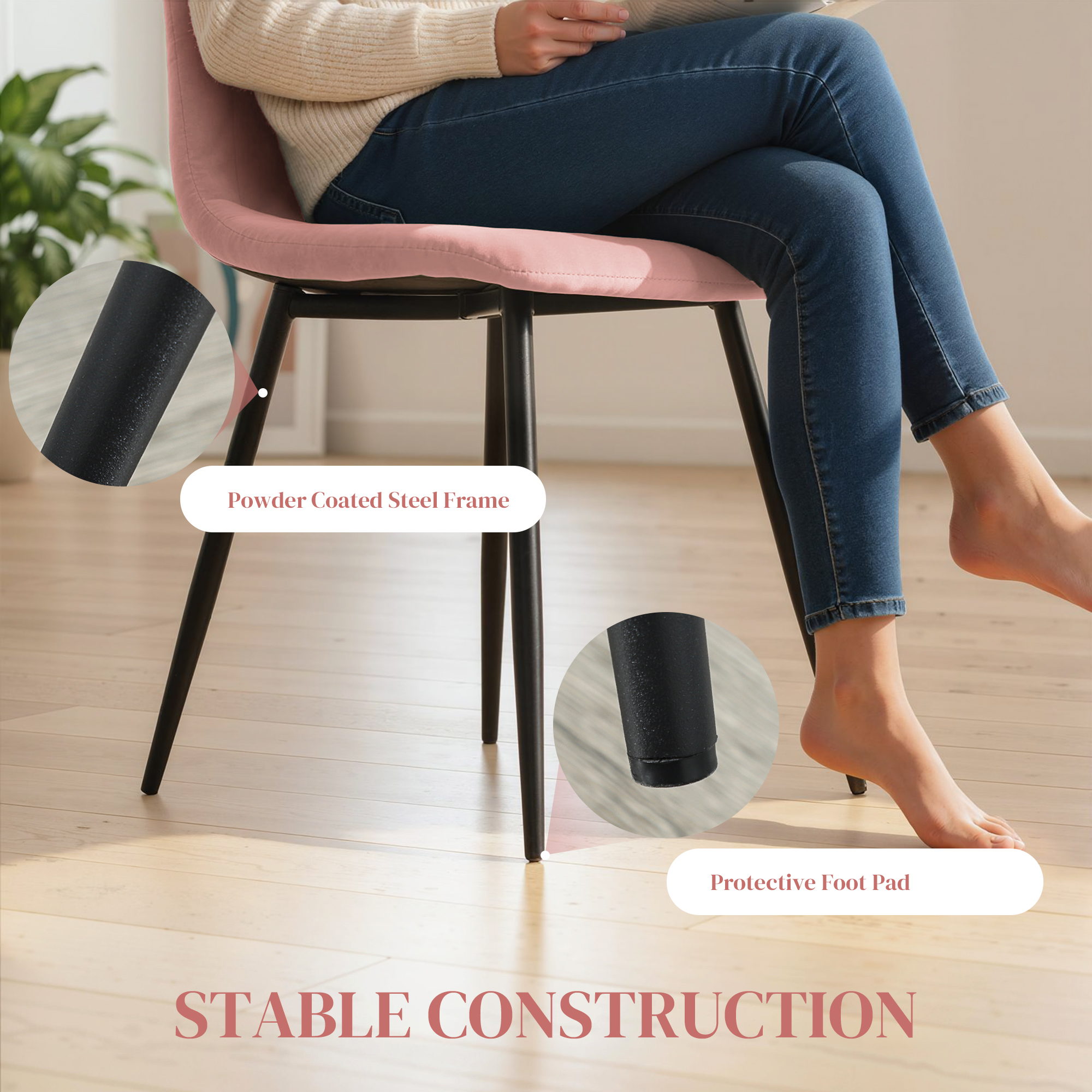 Dining Chairs Set of 4, Upholstered Dining Room Chairs with Steel Legs, Modern Kitchen Chair for Dining Room, Pink - Image 3