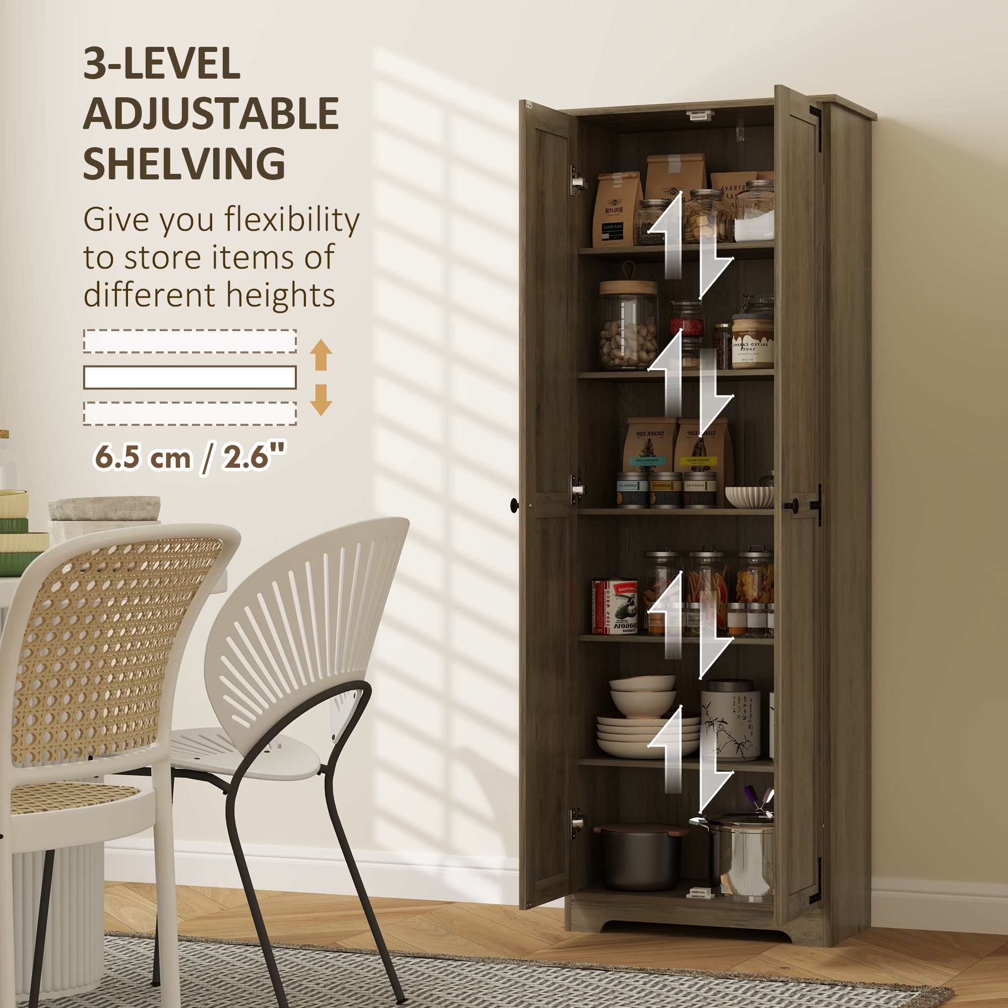 67" Farmhouse Pantry Cabinet with 2 Doors, Tall Storage Cabinet with Adjustable Shelves, Distressed Grey - Image 4