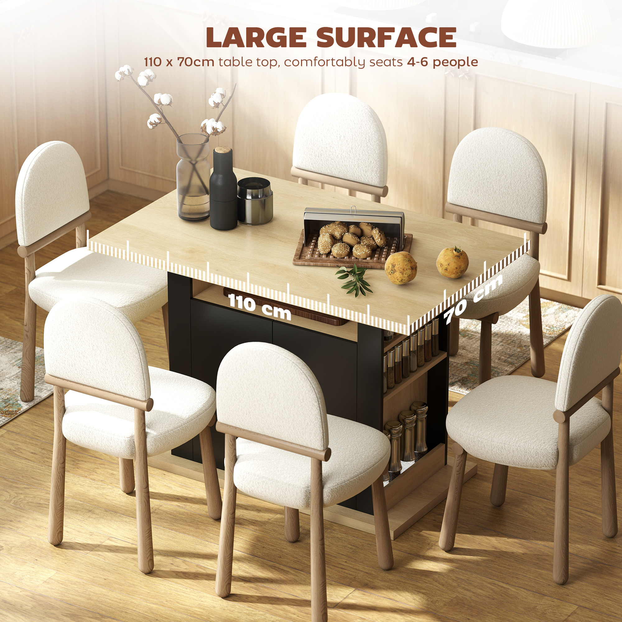 Kitchen Island Dining Table with Storage Cabinet, Large Tabletop for 4 People, 4-Door Cupboard & Shelves, Black - Image 3