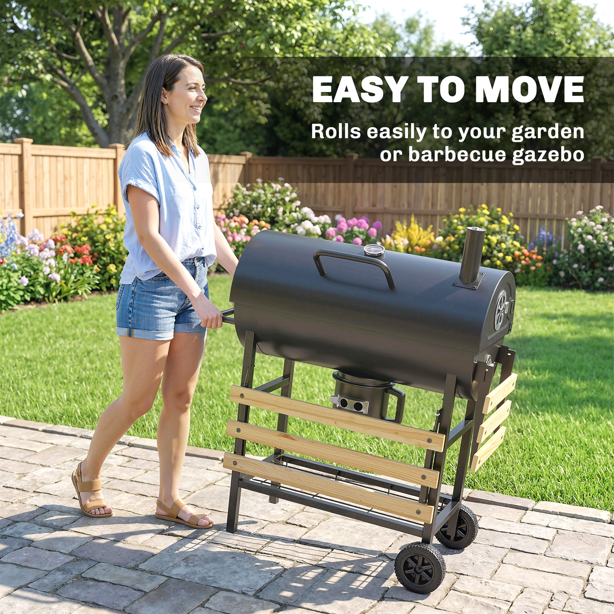 Charcoal BBQ Grill with Foldable Shelves, Barbecue Grill with Warming Rack, Thermometer, Wheels, Natural Wood and Black - Image 5