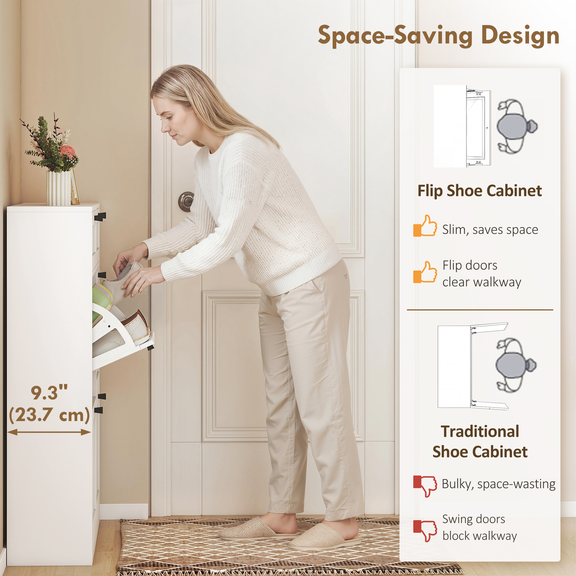 Shoe Cabinet with 2 Large Flip Drawers, Farmhouse Narrow Shoe Storage Cabinet with 2 Top Compartments, White - Image 2