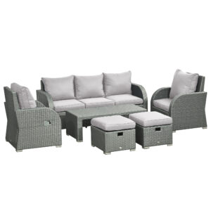 6 Pcs Patio Furniture Set with Wicker Recliner Chairs, PE Wicker Sectional Sofa Set with a 3-Seat Sofa, 2 Footstools, Table, 2 Recliner Chairs, Grey