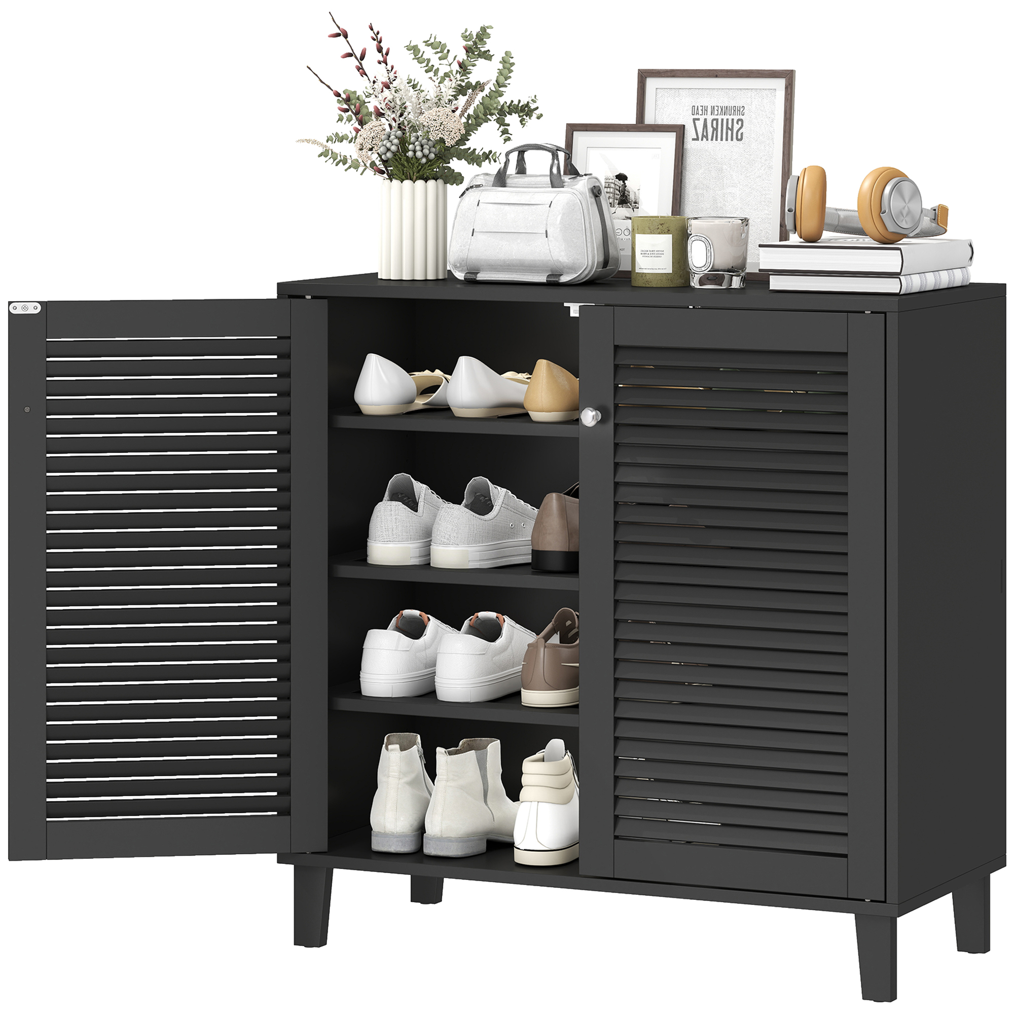 Shoe Cabinet with Adjustable Shelves Shoe Storage Cabinet with 2 Doors for Entryway Hallway Black