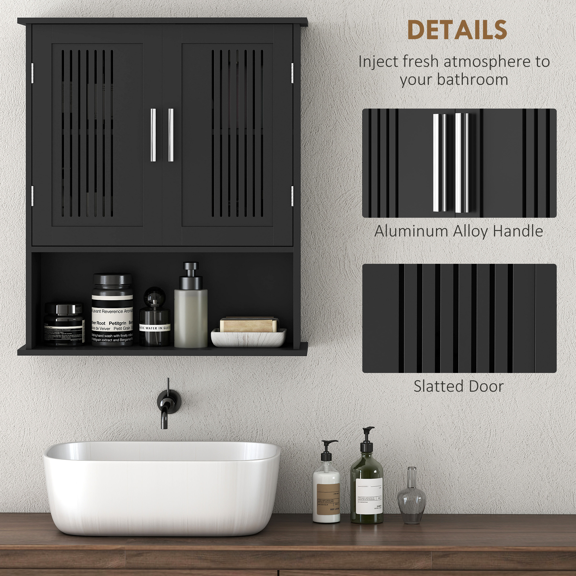 Modern Wall Mount Bathroom Cabinet, Storage Organizer with 2 Door Cabinet and Shelf, Black - Image 4