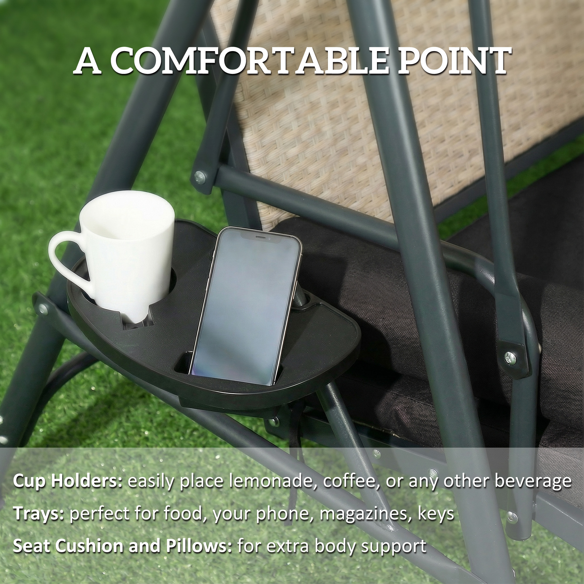 Outdoor 3-Seat Porch Swing with Canopy, Rattan Seat, Removable Cushion, Pillows and Steel Frame - Image 5