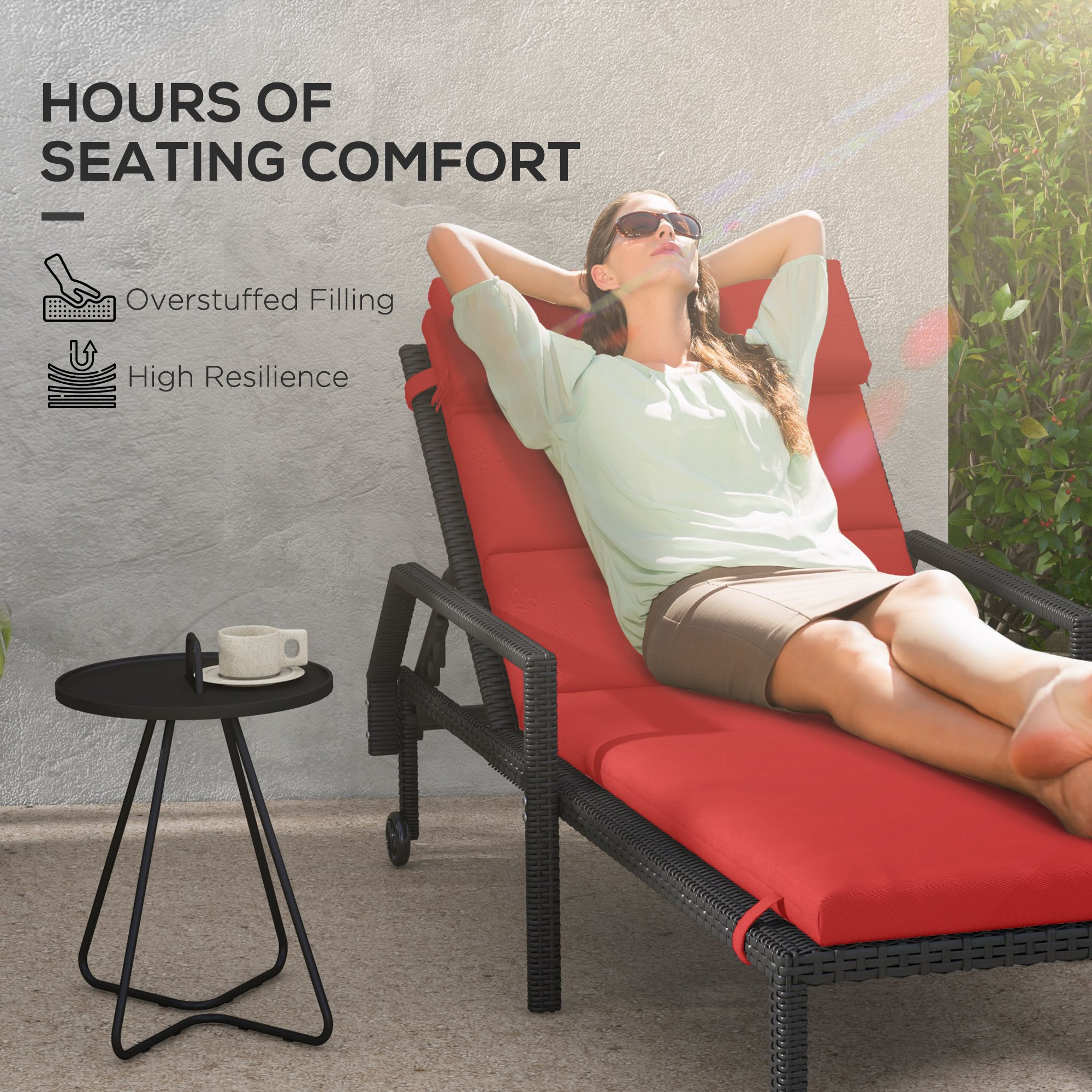 Patio Chaise Lounge Chair Cushion Replacement Sun Lounger Pads with Headrest and Ties, Wine Red - Image 2