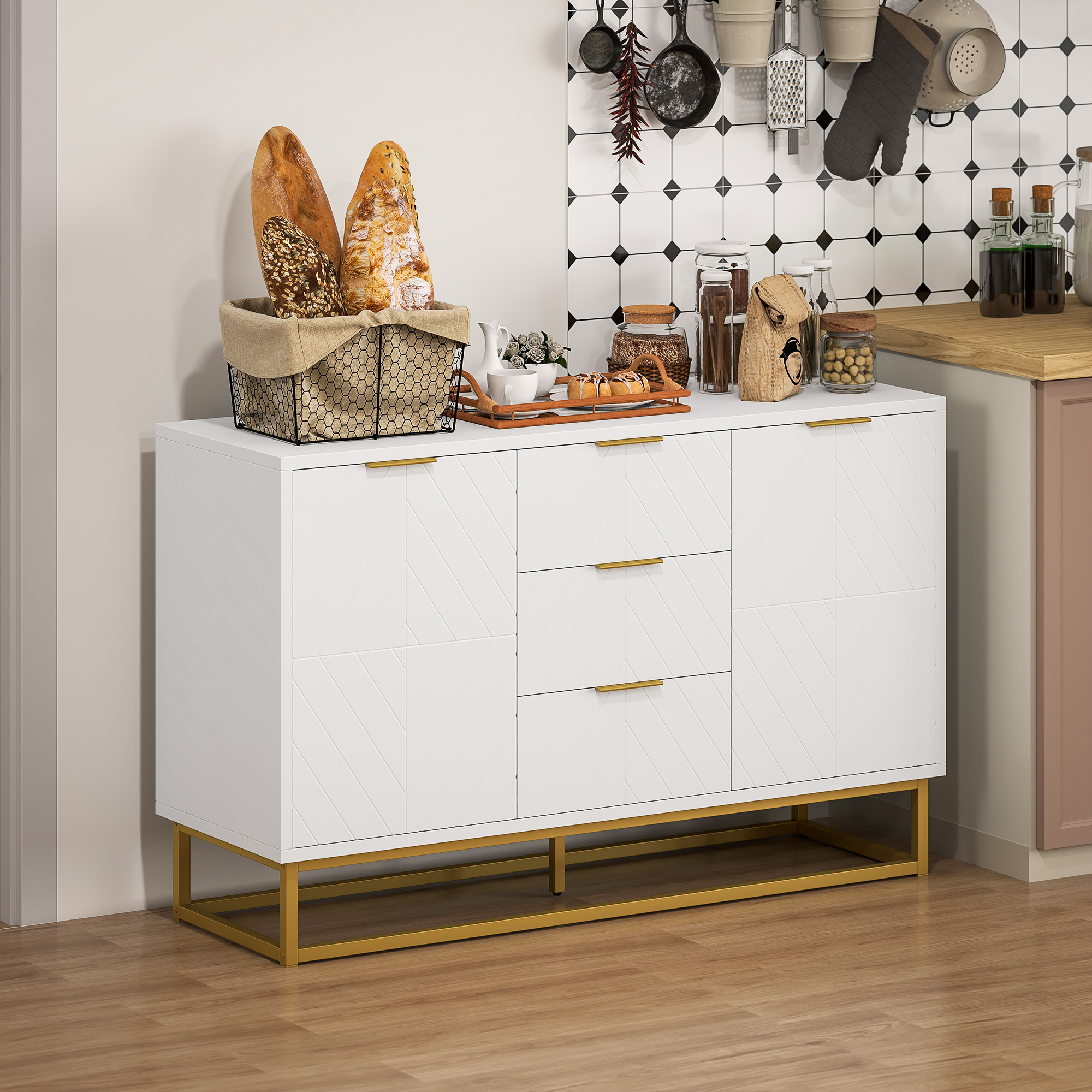 47" Storage Cabinet with Doors, Adjustable Shelves, 3 Drawers, Metal Legs for Kitchen Storage, Home Use, White - Image 6