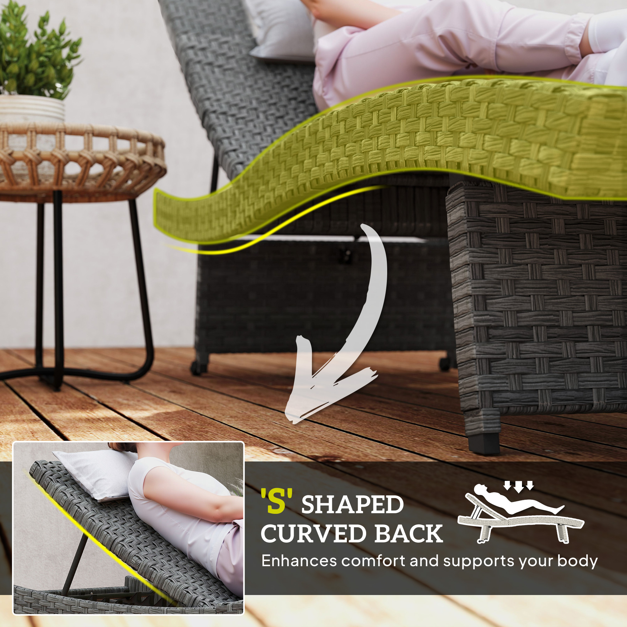 Patio Lounger, Folding Wicker Outdoor Chaise Lounge with 4-Level Adjustable Backrest, Grey - Image 2