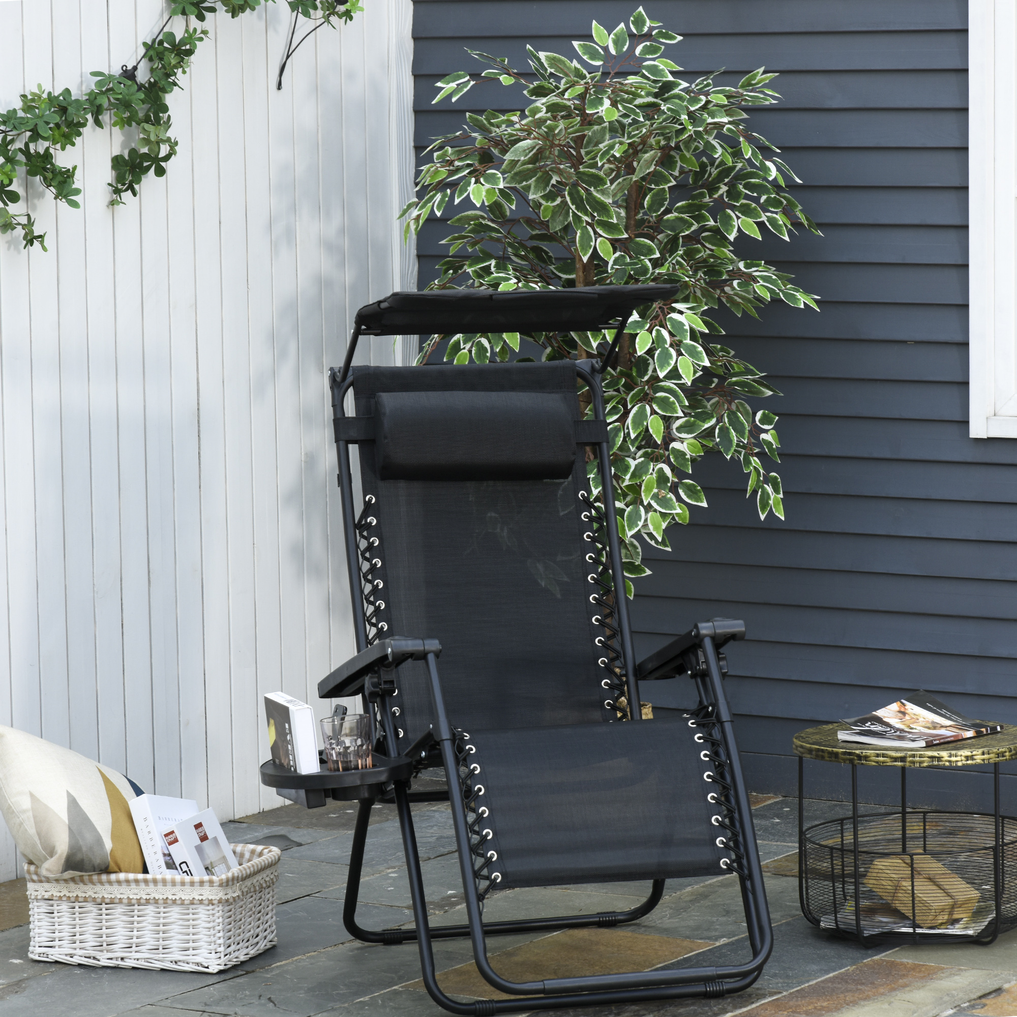 Outdoor Zero Gravity Reclining Lounger Chair with Canopy Shade, Side Tray, Cupholder, Black - Image 6