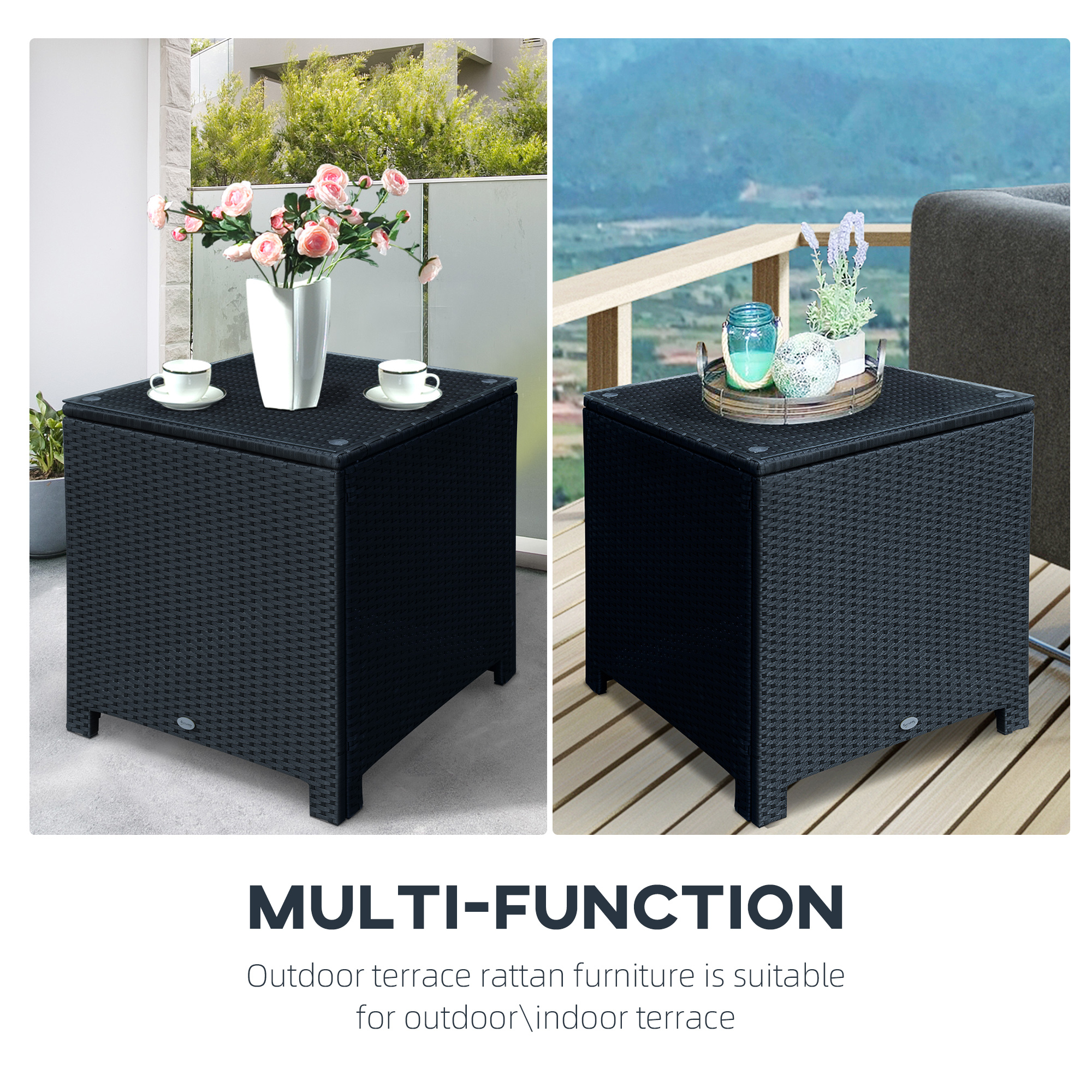 Rattan Side Table Wicker Coffee Table with Glass Top Outdoor Patio Furniture For Patio Poolside Garden Lawn, Black - Image 3