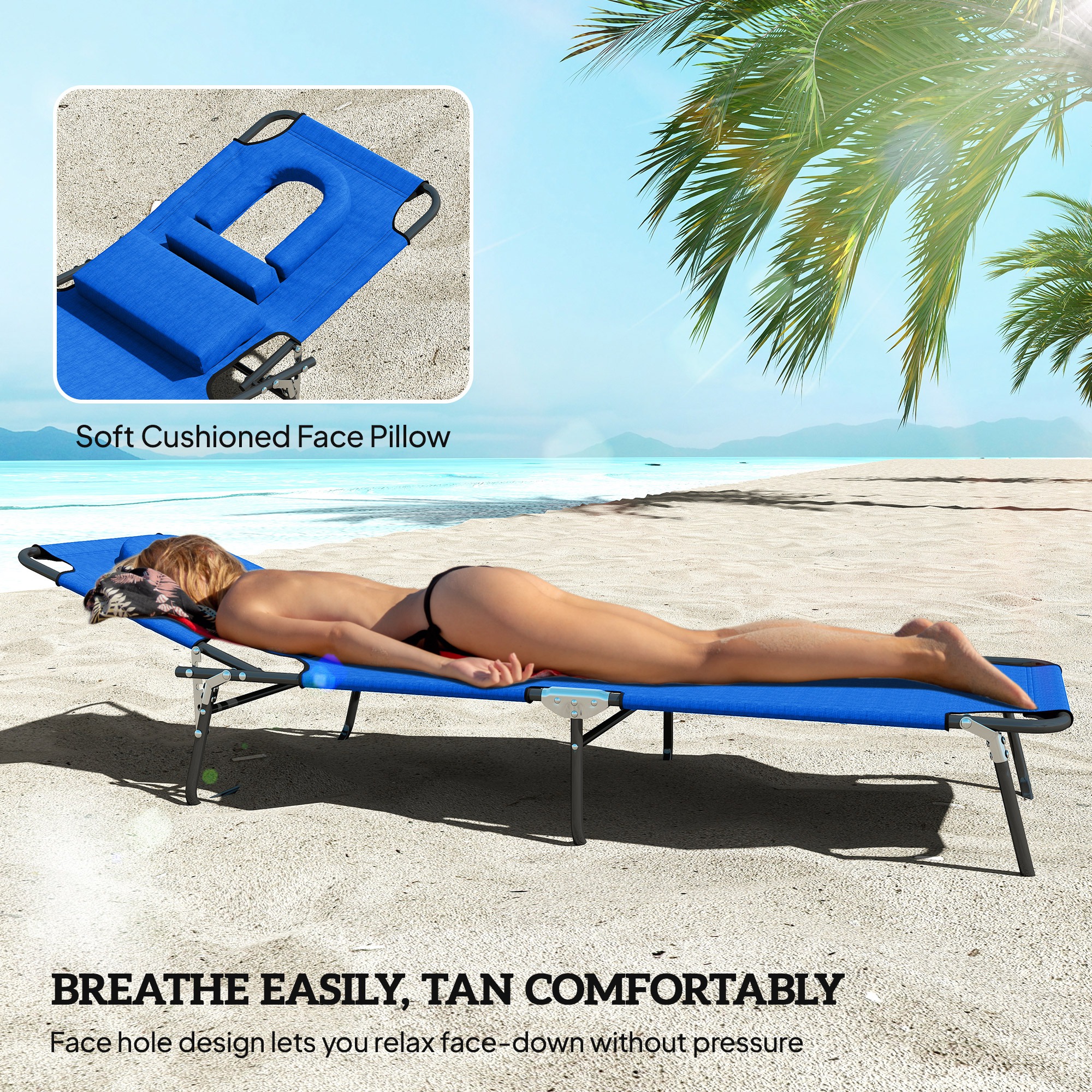 Folding Lounge Chair Set of 2, Reclining Beach Tanning Chair with Face Hole, Pillow, 4-Position Adjustable Flat Sun Lounger, Steel Frame for Outdoor Patio Pool, Blue - Image 5