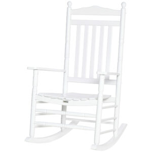 Wooden Outdoor Rocking Chair, Patio Rocking Chair with Slatted High Back and Armrests for Porch, Garden, Lawn, White