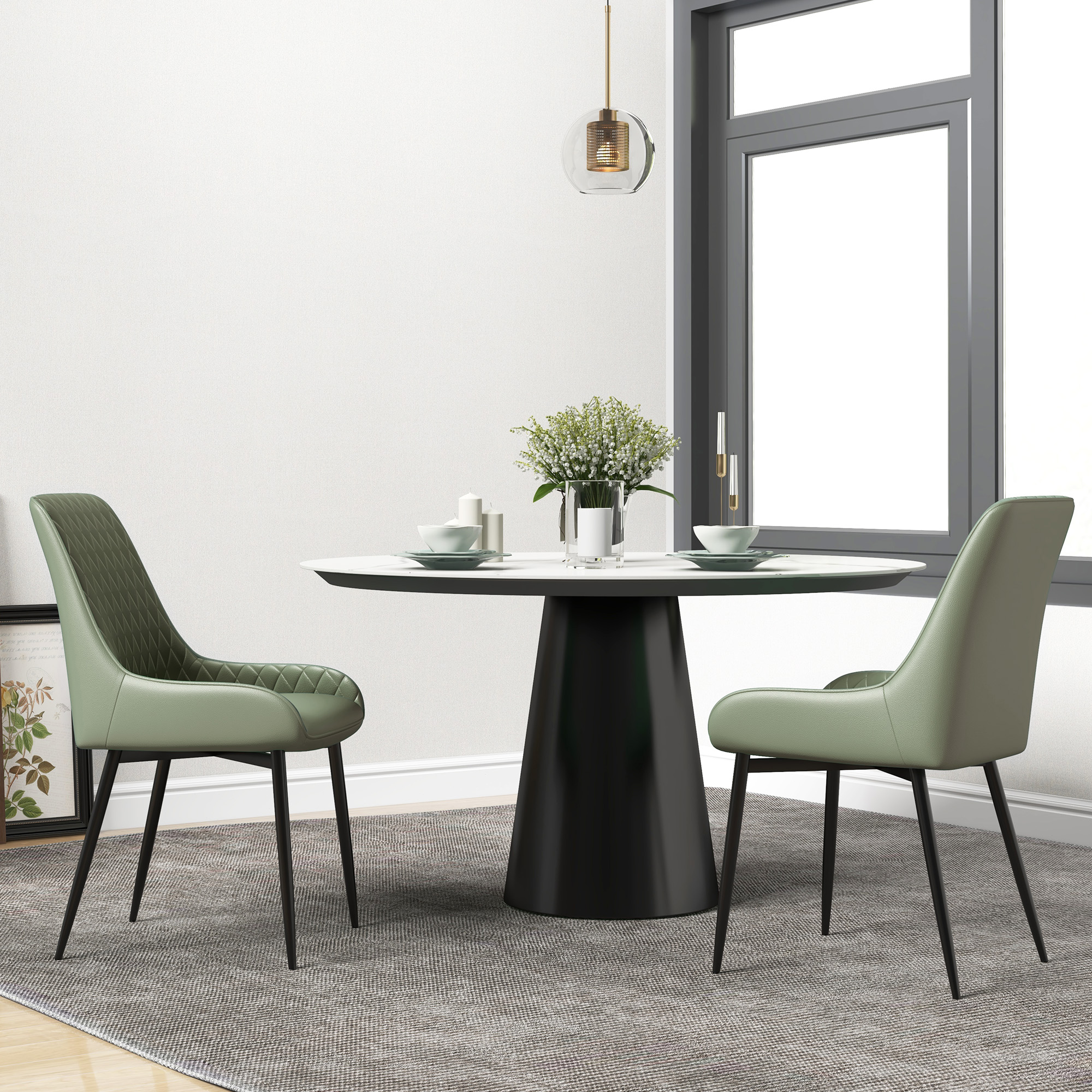 Upholstered Kitchen Chairs, Modern Dining Chairs Set of 2 with Diamond Tufting and Steel Legs for Dining Room, Green - Image 6