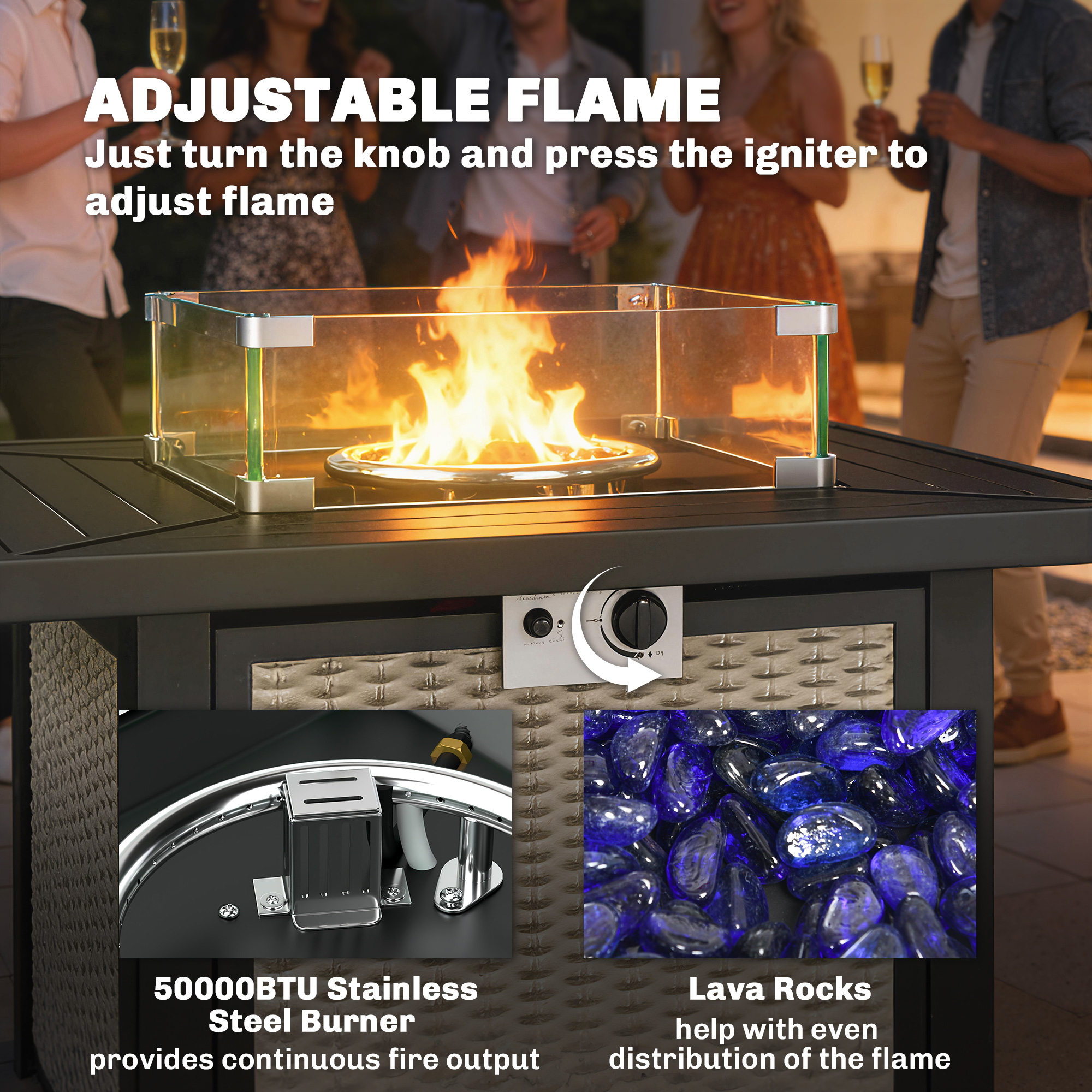 32" Propane Gas Fire Pit Table, 50,000 BTU Square Patio Table with Fire Pit, Wind Guard, Lid, CSA Certified, Grey - Image 4