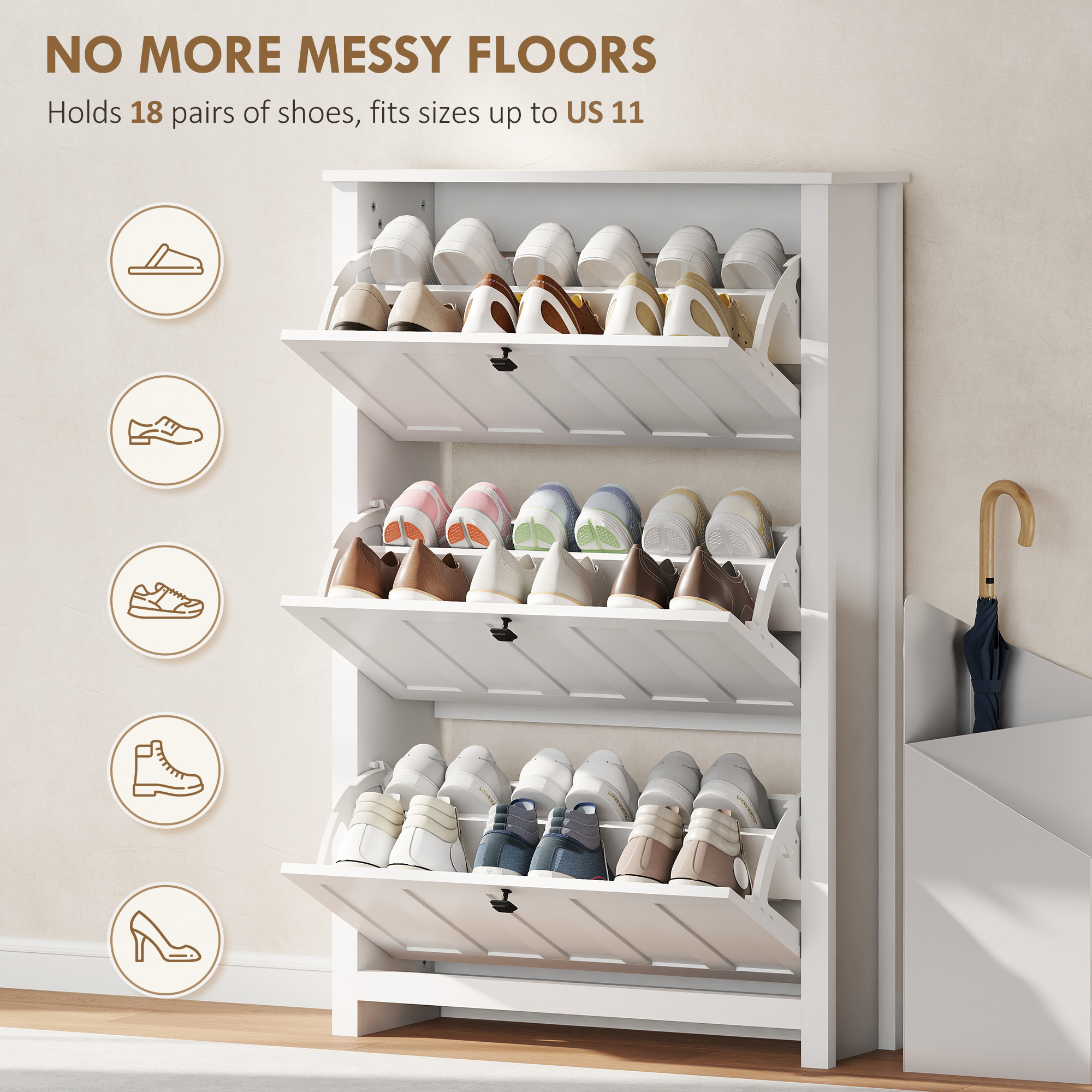 Slim Shoe Cabinet with 3 Flip Drawers, Shoe Storage Cabinet with Adjustable Shelves for Entryway, Holds 18 Pairs, White - Image 2