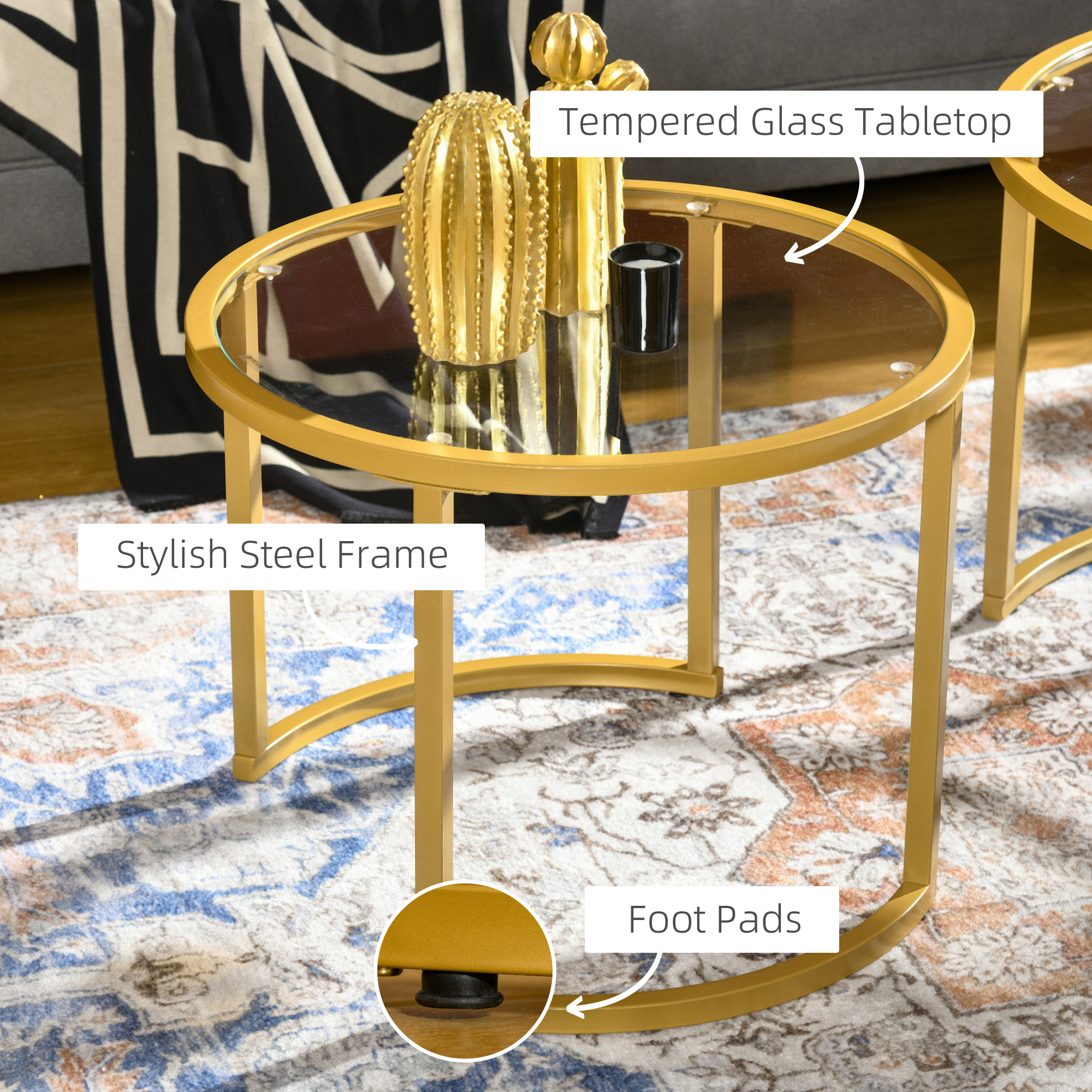 Round Coffee Table Set of 2, Modern Nesting Tables with Tempered Glass Top and Steel Frame for Living Room, Gold - Image 3