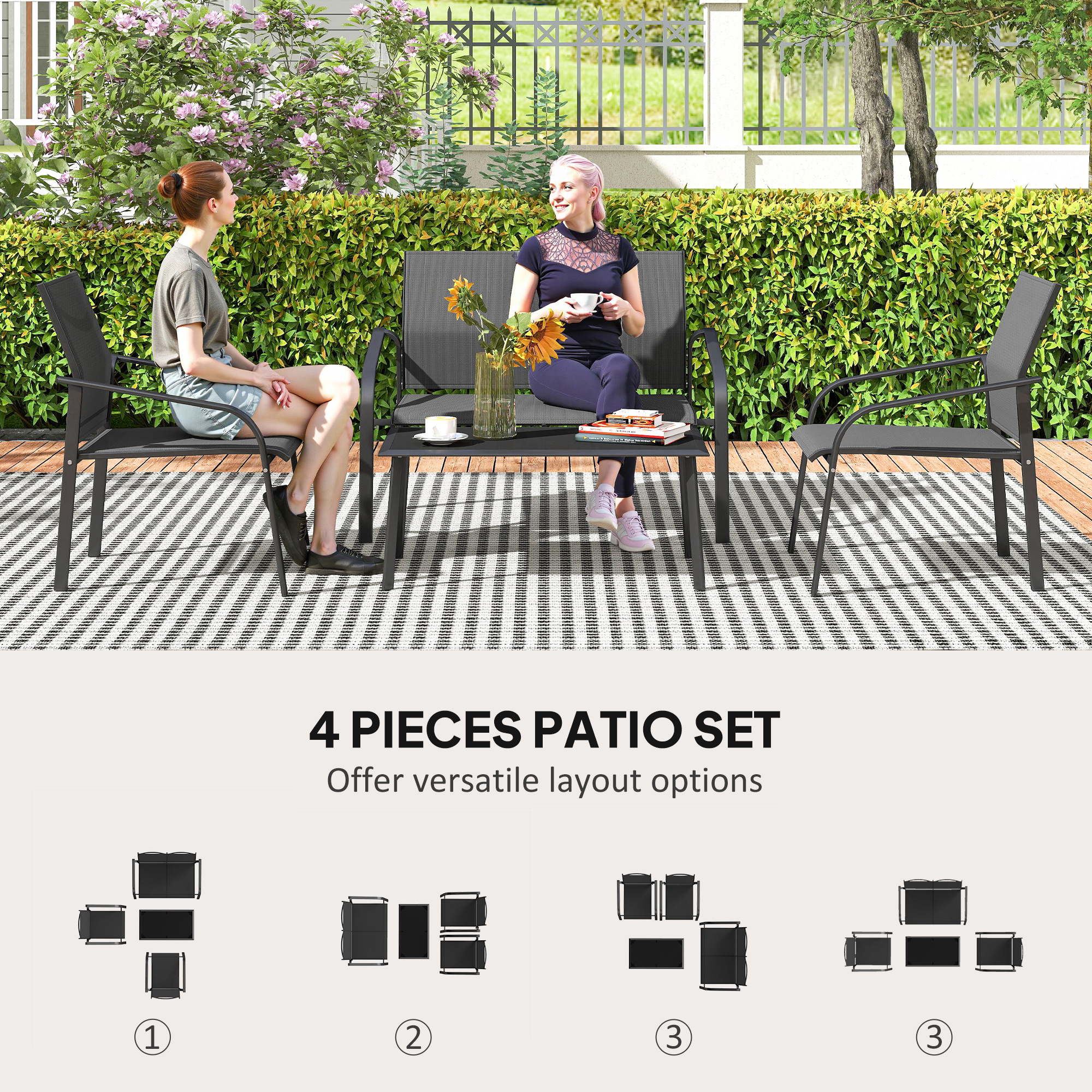4 Piece Patio Furniture Set, Outdoor Conversation Set with Deep Seat, Loveseats, Armchairs, Glass-Top Table, Black - Image 2