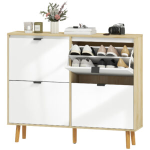 Narrow Shoe Cabinet, High Gloss Shoe Storage Cabinet with 4 Flip Drawers and Adjustable Shelves, Holds 20 Pairs, White