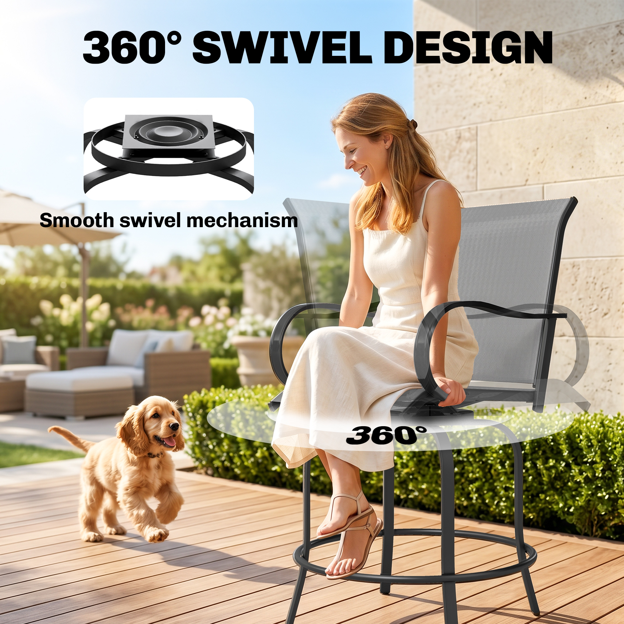 Outdoor Bar Stools Set of 2, 360° Swivel Bar Height Chairs, 26.8" x 29.5" x 48.4", Grey - Image 2