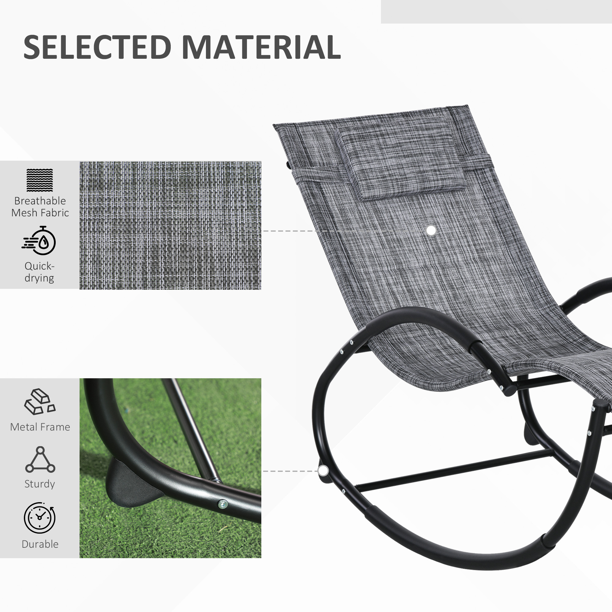 Outdoor Rocking Chair, Patio Zero Gravity Rocker with Mesh Seat and Padded Pillow for Indoor, Garden, Grey - Image 5