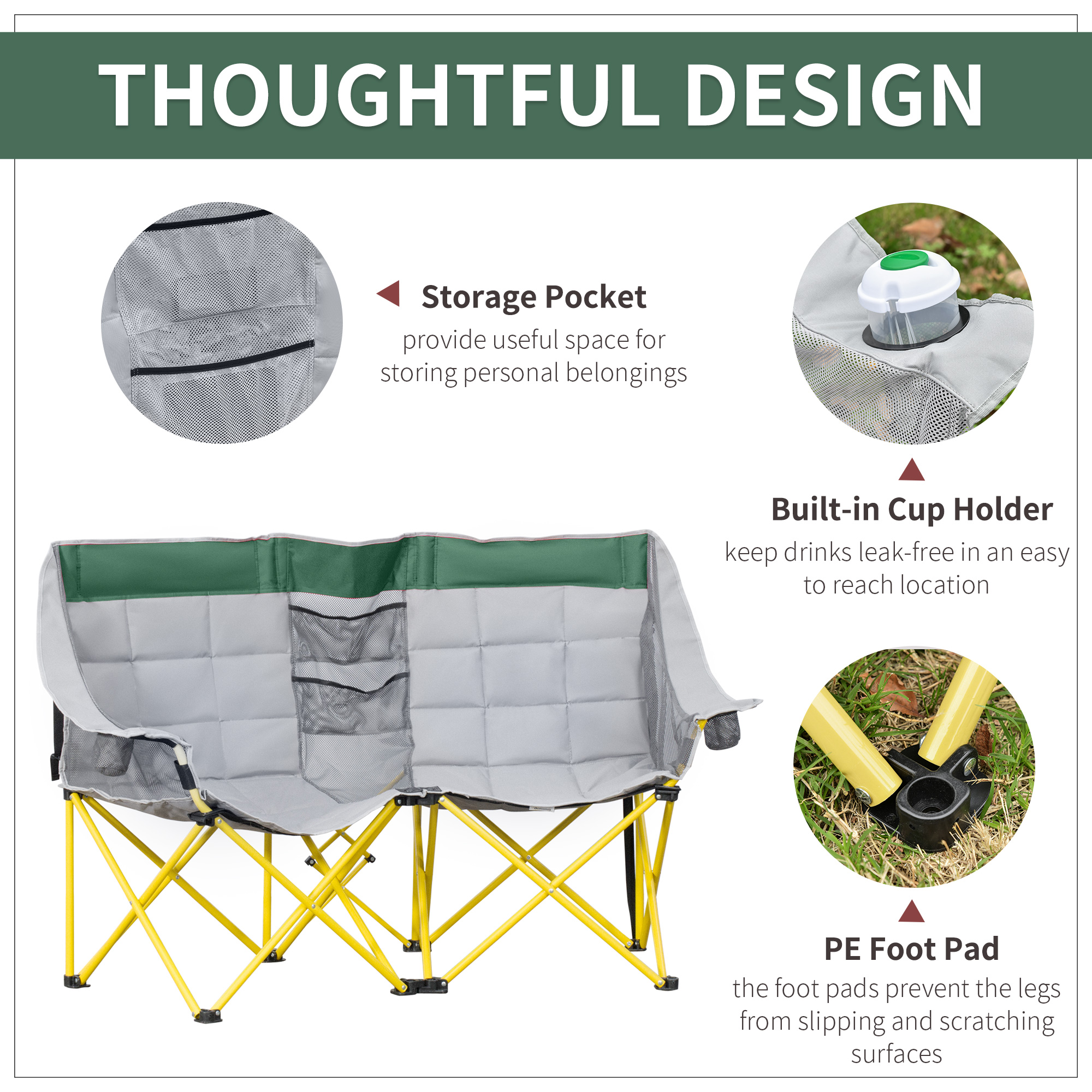 62" W Double Seat Camping Chair Folding Lawn Loveseat w/ Storage Pocket & Cup Holder Compact in a Bag for Outdoor, Beach, Picnic, Hiking, Travel, Green - Image 4