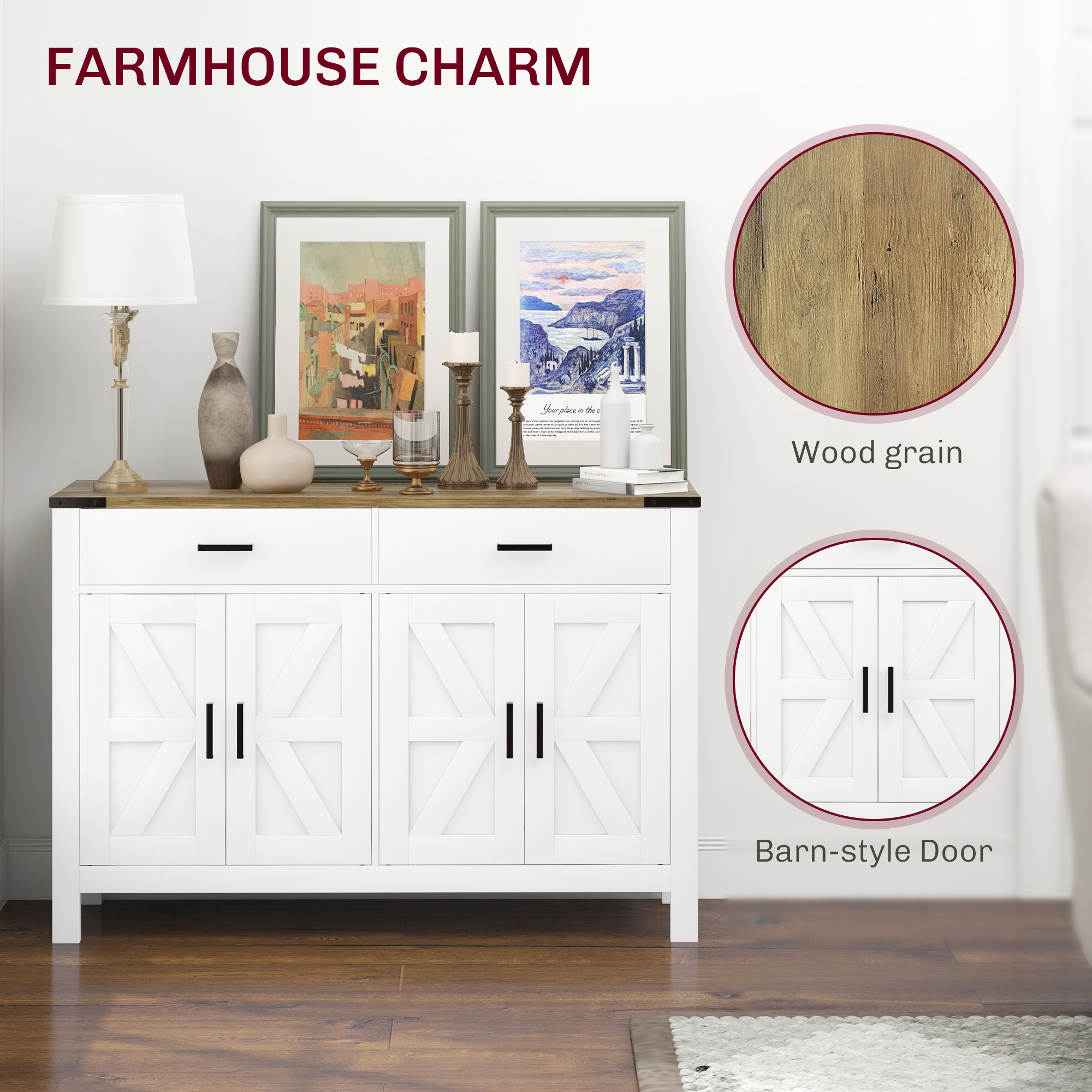 Sideboard Buffet Cabinet, Farmhouse Kitchen Storage Cabinet w/ 2 Drawers and Shelves for Living Room, Entryway - Image 4