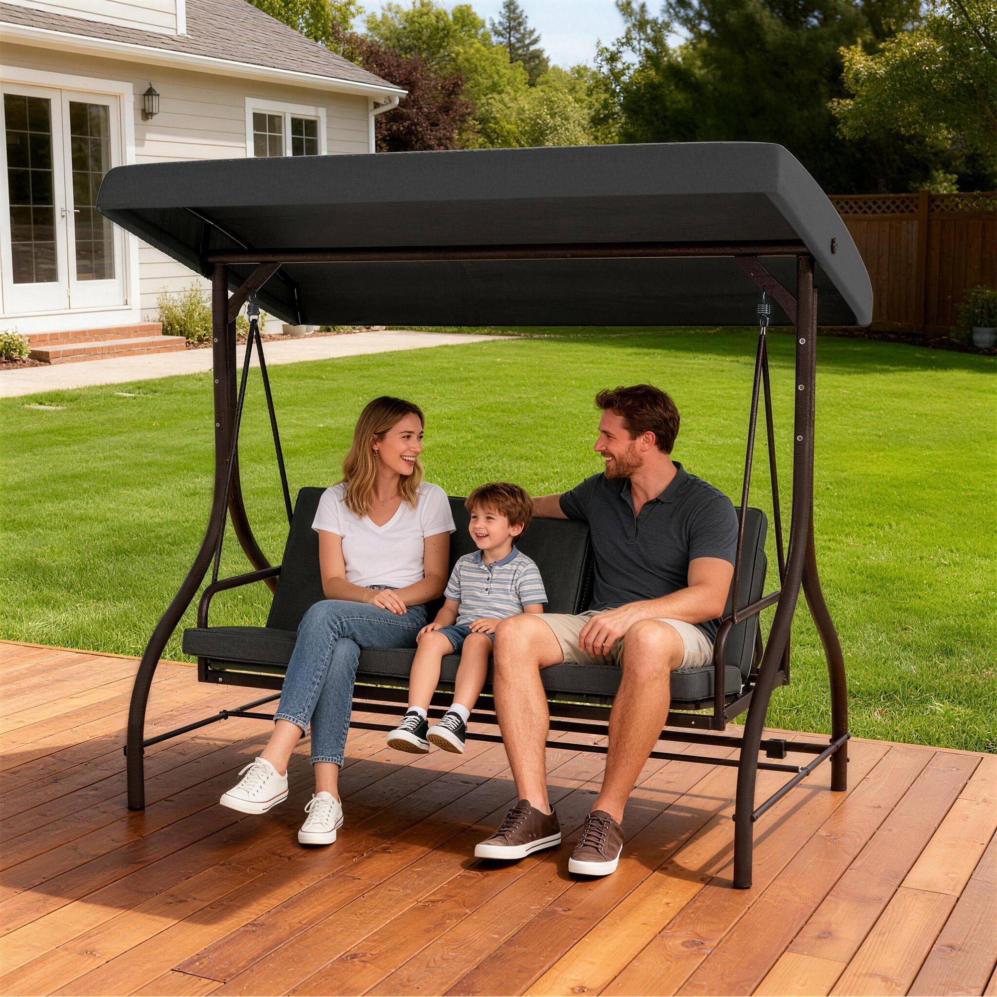 Convertible Patio Swing Bed with Canopy and Cushions, 3 Seater Porch Swing for Outdoor, Backyard, Garden, Dark Grey - Image 6
