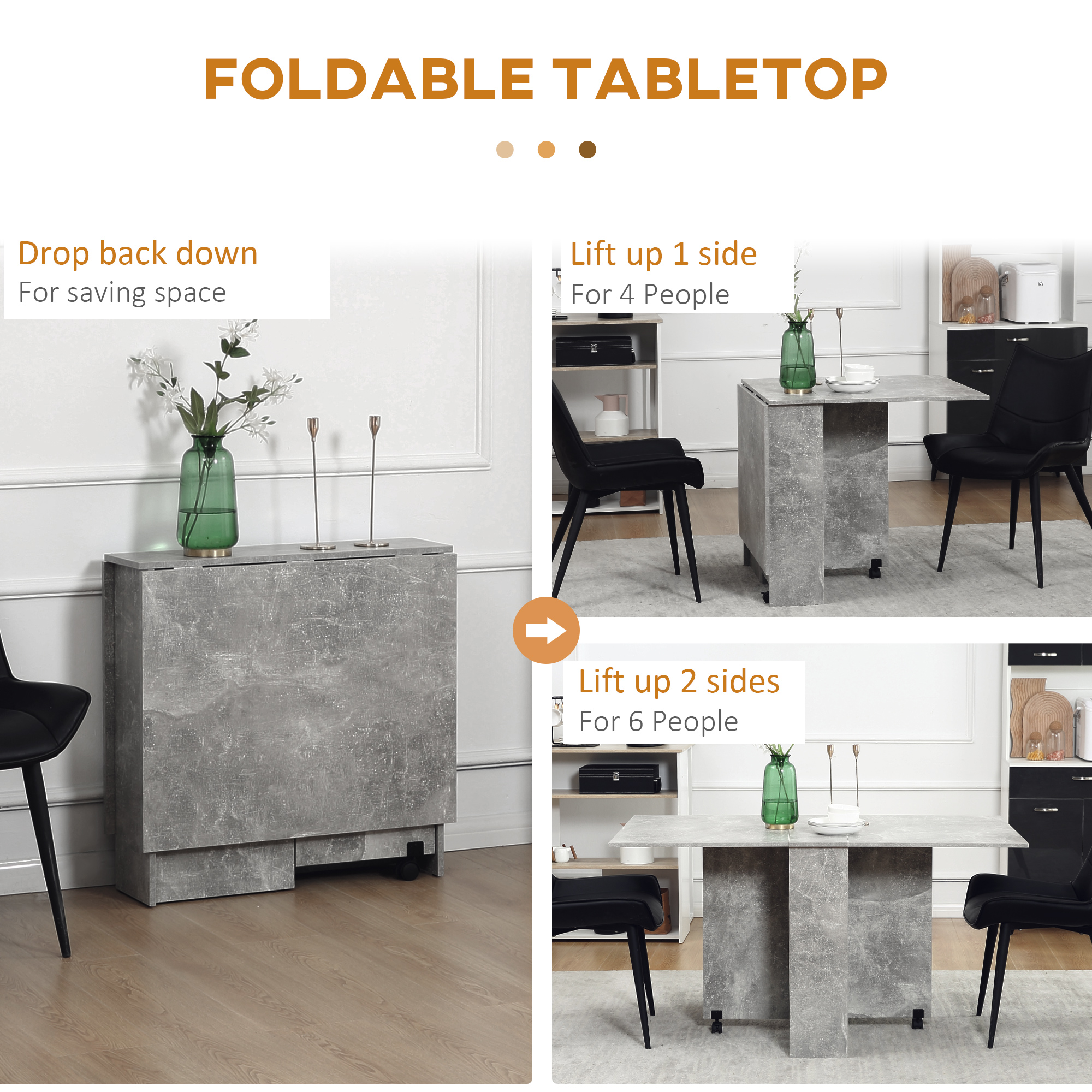 Extendable Dining Table, Collapsible Folding Table w/ 2-tier Shelves and Rolling Casters, Grey - Image 2