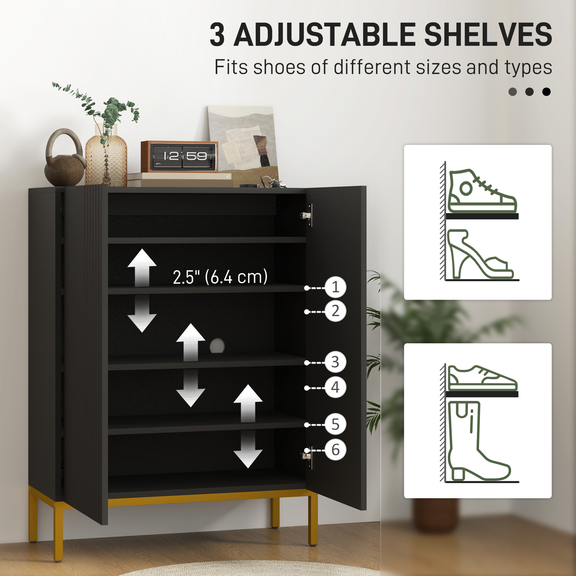 Shoe Storage Cabinet with Adjustable Shelves and Soft-Close Hinges, for 15-20 Pairs of Shoes, Black - Image 2