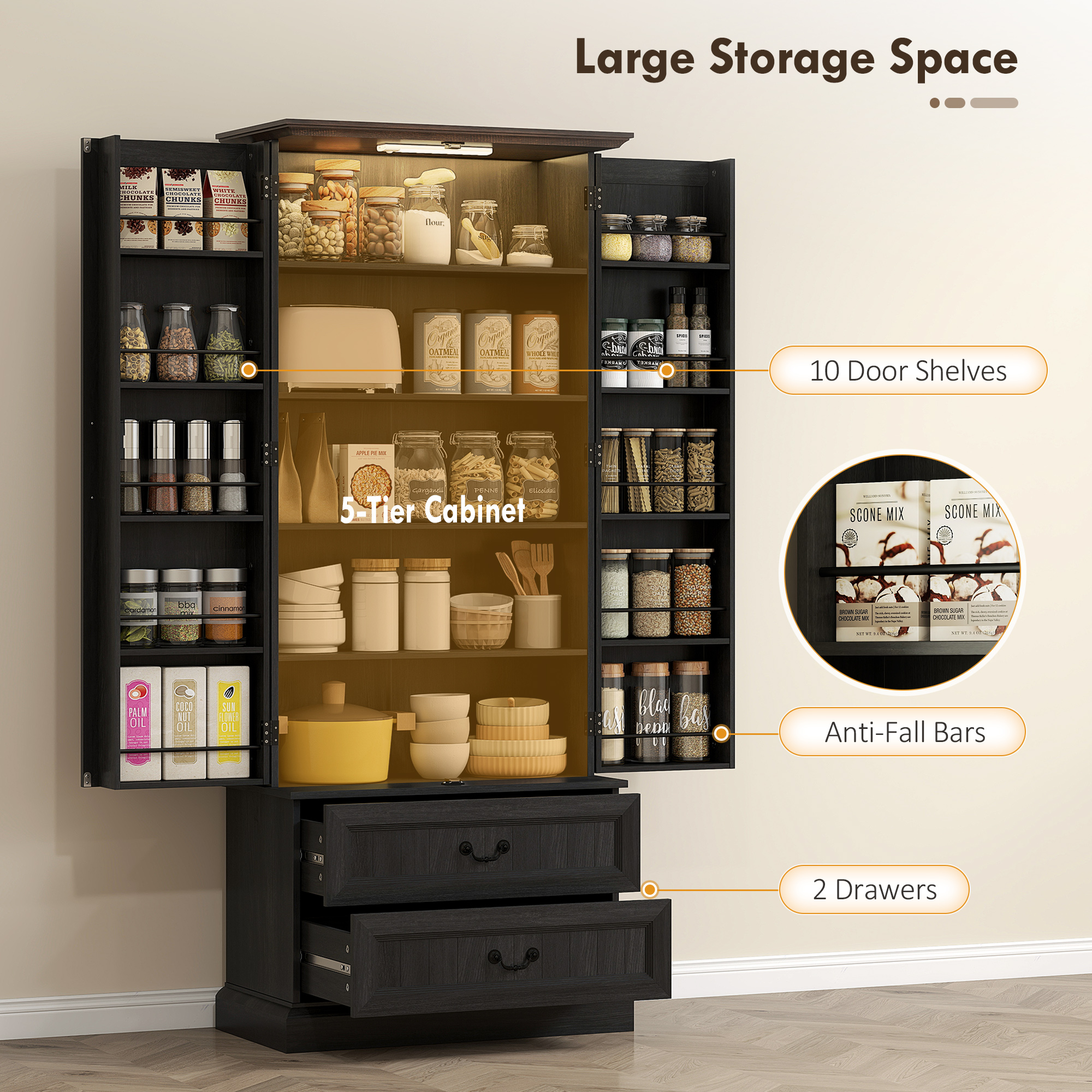 72" LED Kitchen Pantry Cabinet, Buffet Storage Cabinet with 10 Door Shelves, 2 Drawers and Adjustable Shelves, Black - Image 3