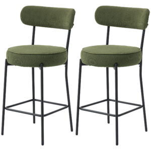 Set of 2 Barstools, Upholstered Corduroy Bar Stools with Backrest, Footrest for Kitchen Island, Dining Room, Green