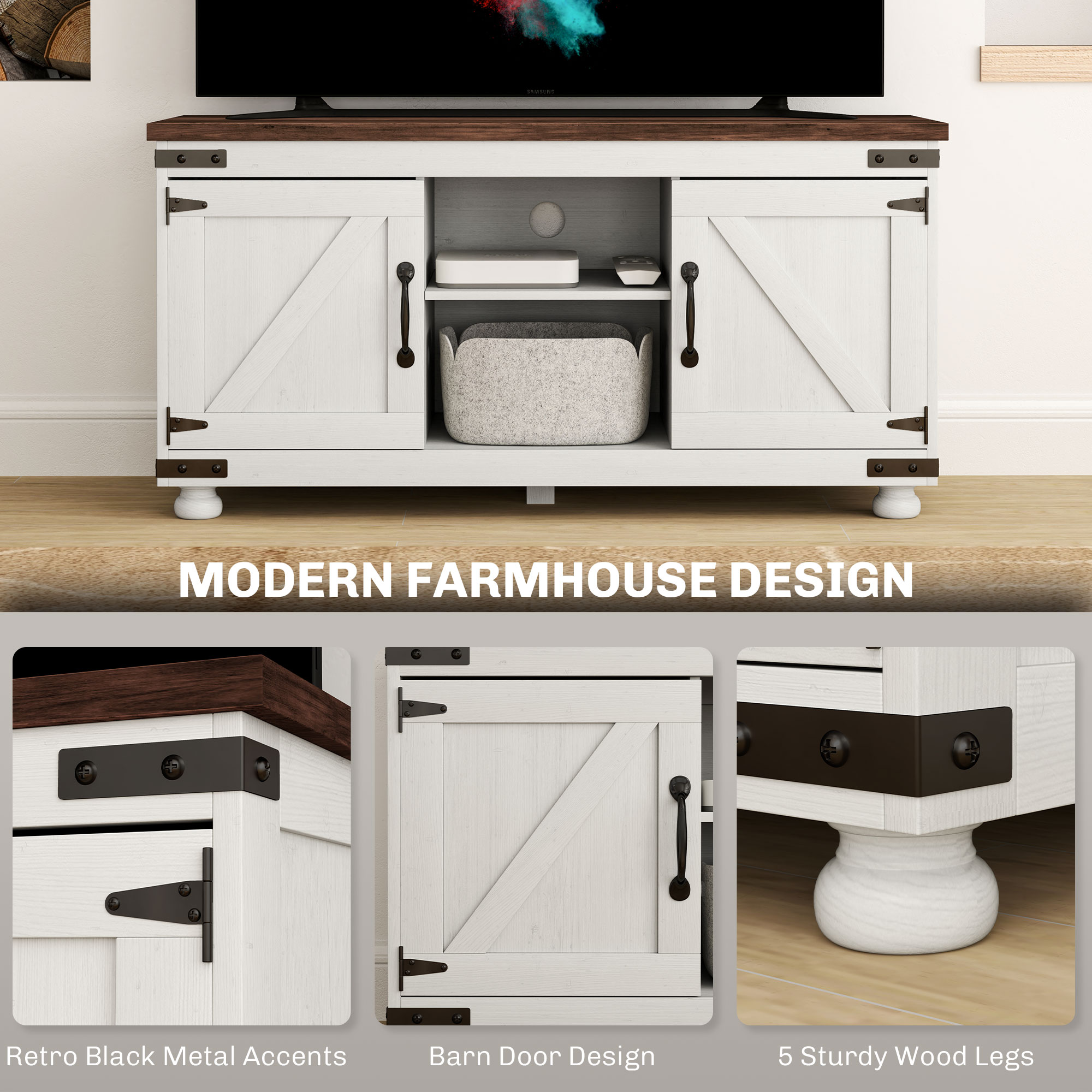 Farmhouse TV Stand for up to 50" TV, TV Cabinet with Barn Doors, Cable Management for Living Room, Distressed White - Image 5