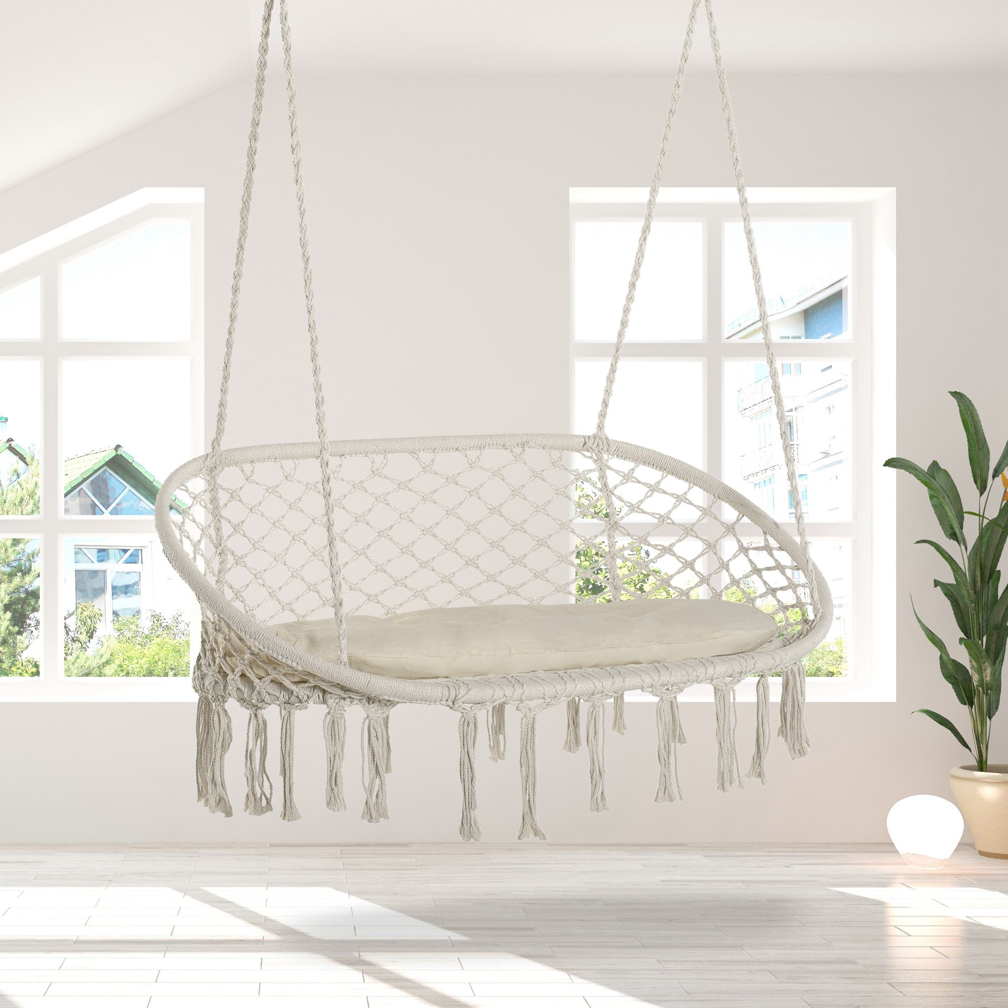Patio Hammock Chair 2 Seat, Hanging Rope Hammock Swing Chair with Metal Frame and Cushion, Large Macrame Seat for Indoor and Outdoor 396 lbs Capacity, Cream White - Image 6