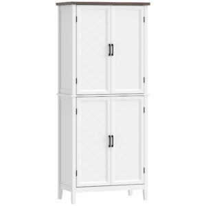 70" Tall Kitchen Storage Cabinet Modern Farmhouse Pantry Cabinet with 4 Chevron Doors and 4 Adjustable Shelves, White