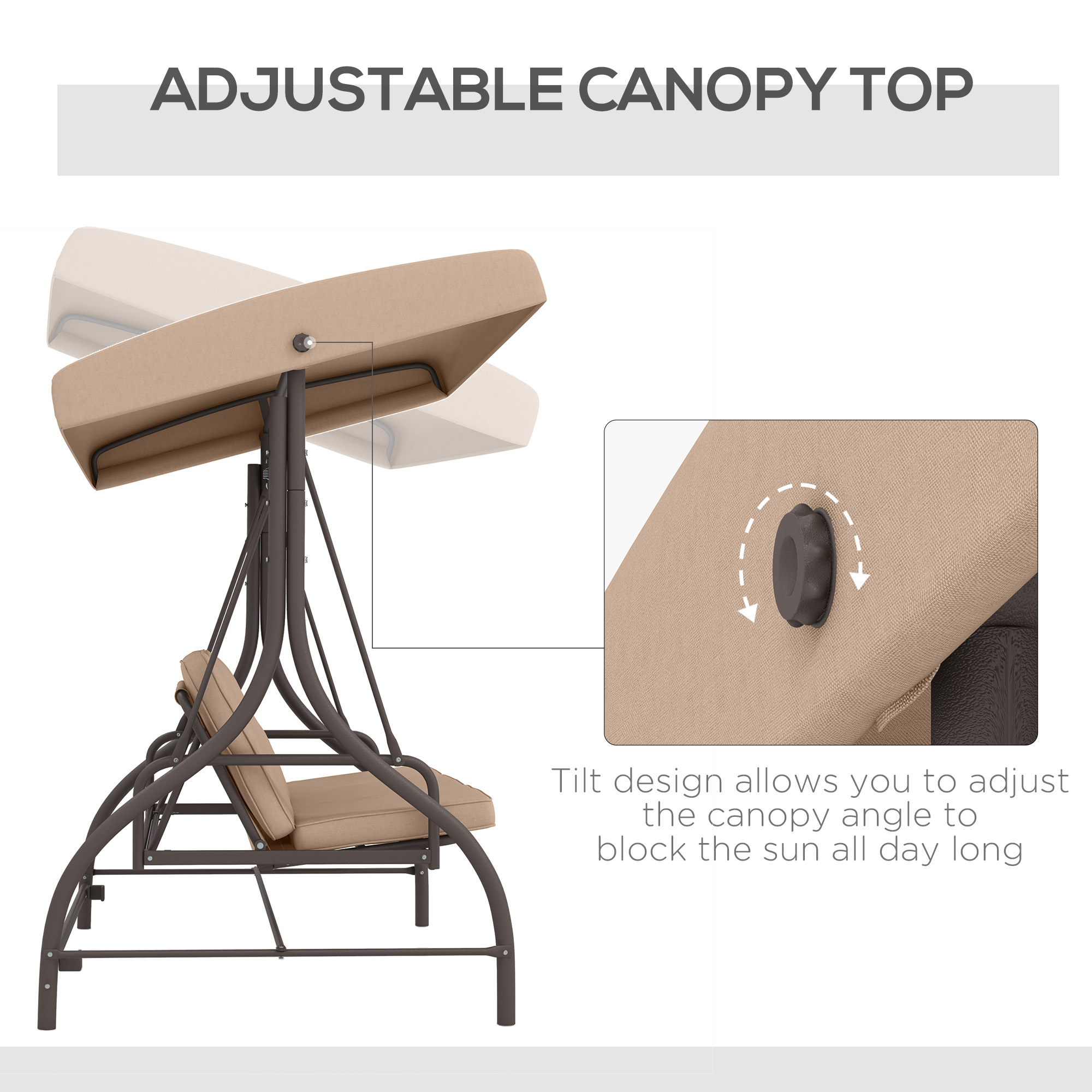 Convertible Patio Swing Bed with Canopy and Cushions, 3 Seater Porch Swing for Outdoor, Backyard, Garden, Khaki - Image 3