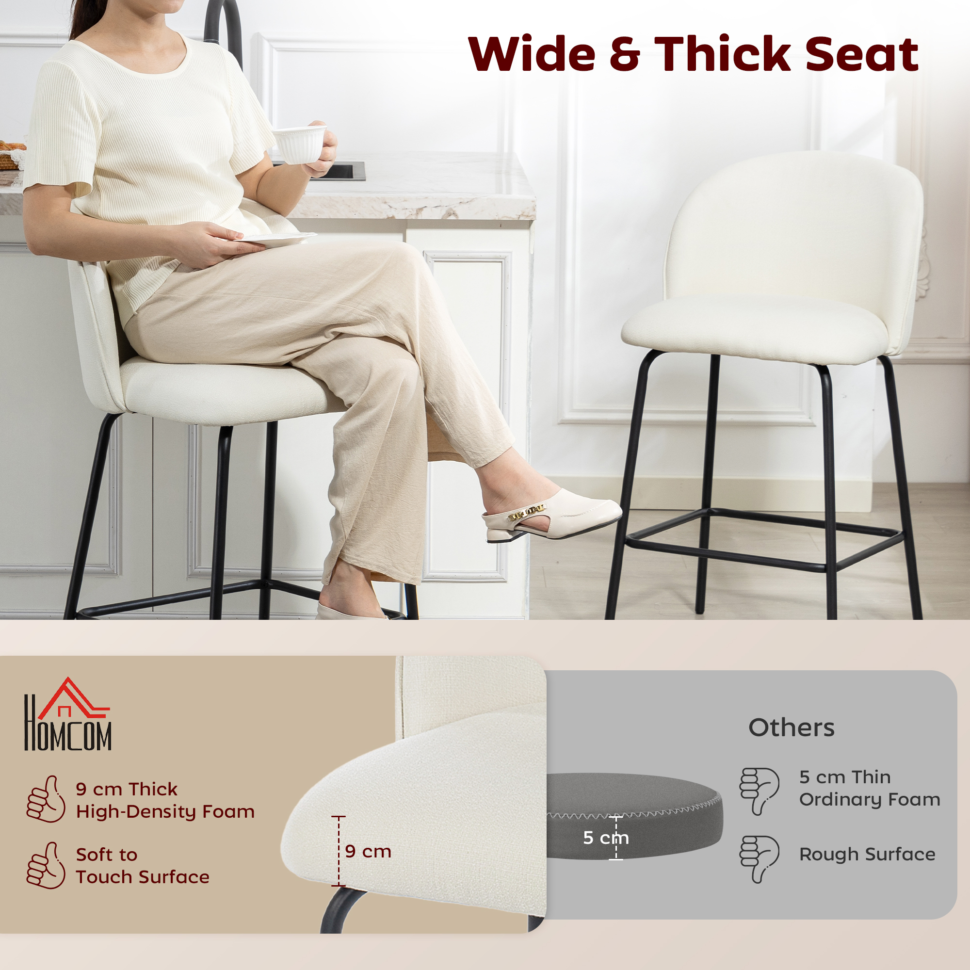Set of 2 Counter Height Barstools, Upholstered Linen Bar Stools with Backrest, Footrest and Steel Legs, Cream White - Image 2