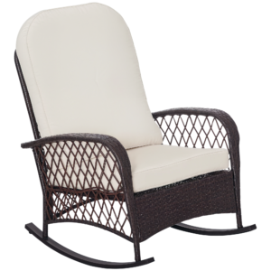 Rattan Rocking Chair, Outdoor Wicker Patio Rocker Chair Furniture with Thick Cushions, for Garden Backyard Porch, Cream White