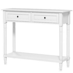 Hallway Console Table, Modern Entryway Table with 2 Drawers, Storage Shelf, Turned Legs for Living Room, Bedroom, White