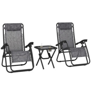 Zero Gravity Chair Set of 2 Patio Chair with Side Table Cupholders and Pillows for Pool, Backyard, Lawn, Dark Grey