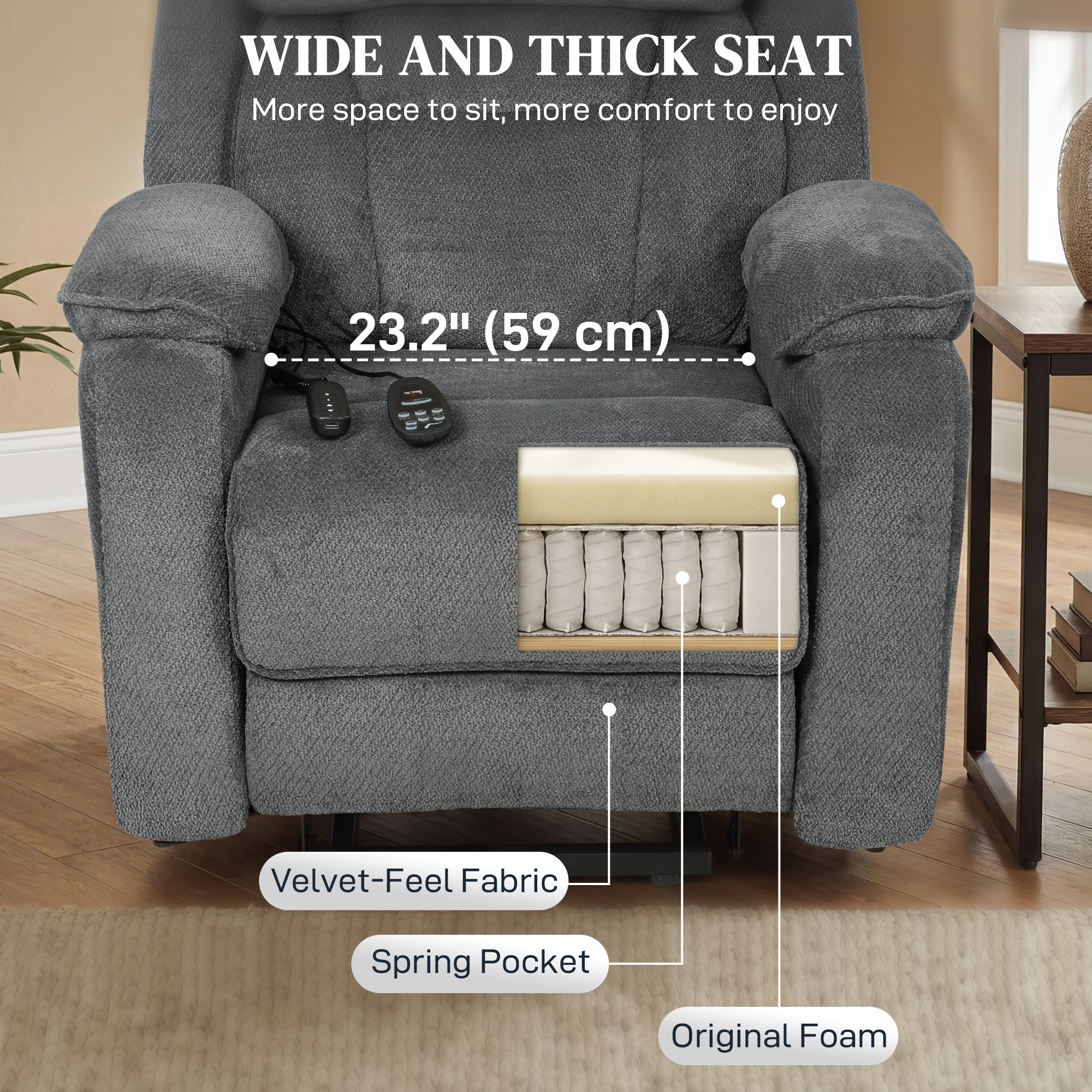 Power Recliner Chair with Massage, Electric Lift Chair for Elderly with Side Pockets, 2 Memory Positions, Remote, Grey - Image 4