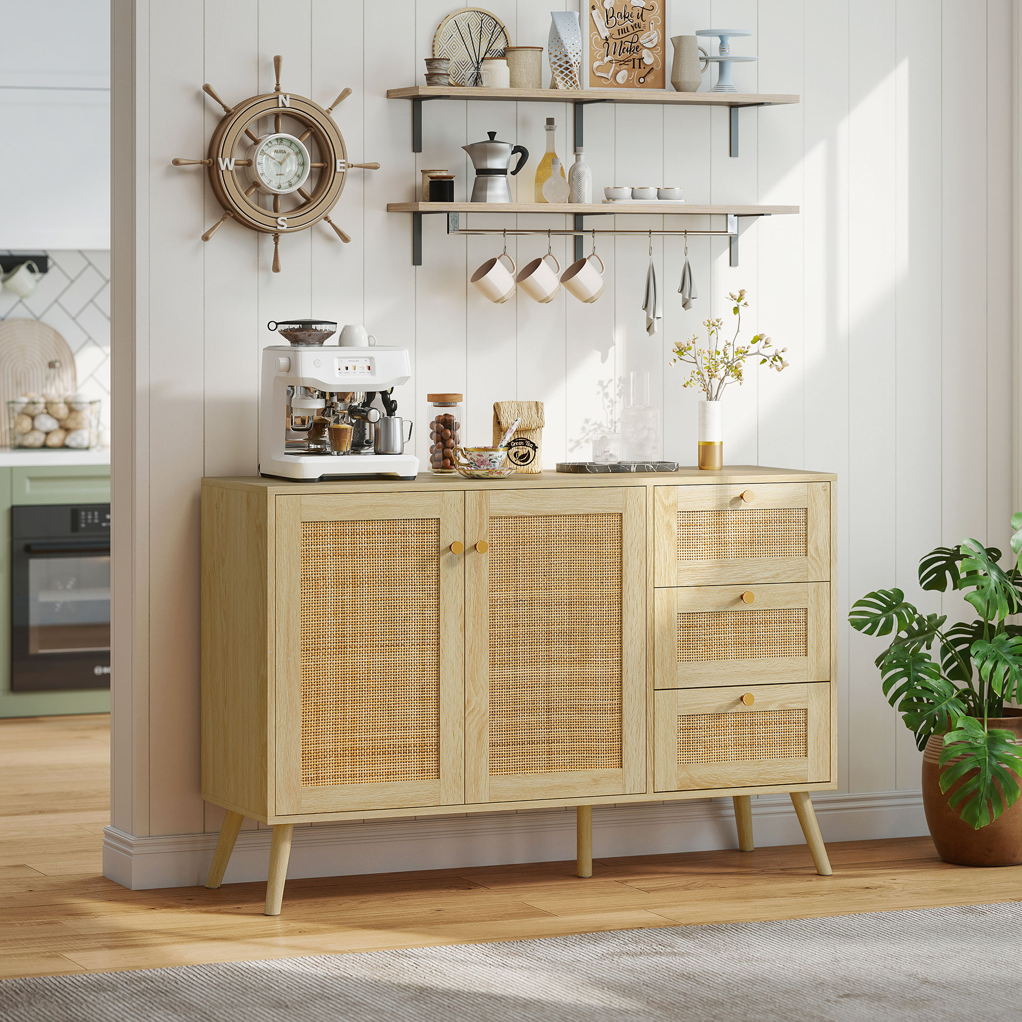 47" Buffet Cabinet with Soft-Close Doors, Rattan Sideboard with Drawers, Adjustable Shelf and Wooden Legs, Natural - Image 6