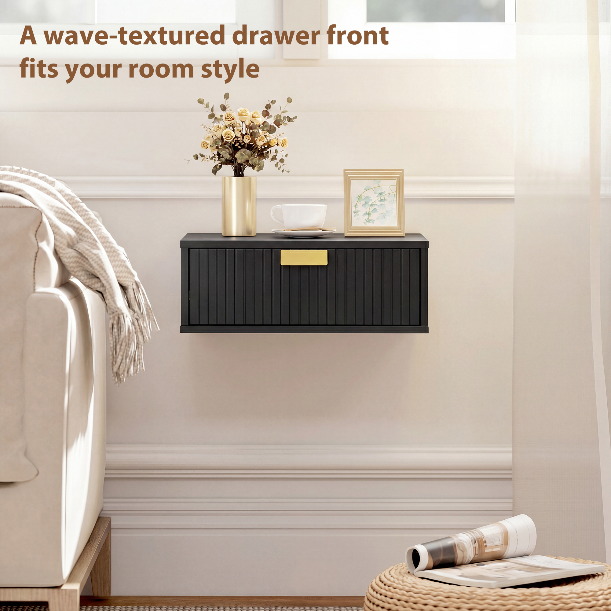 Modern Floating Nightstands Set of 2, Wall Mounted Bedside Tables with Wave Drawer Black - Image 5