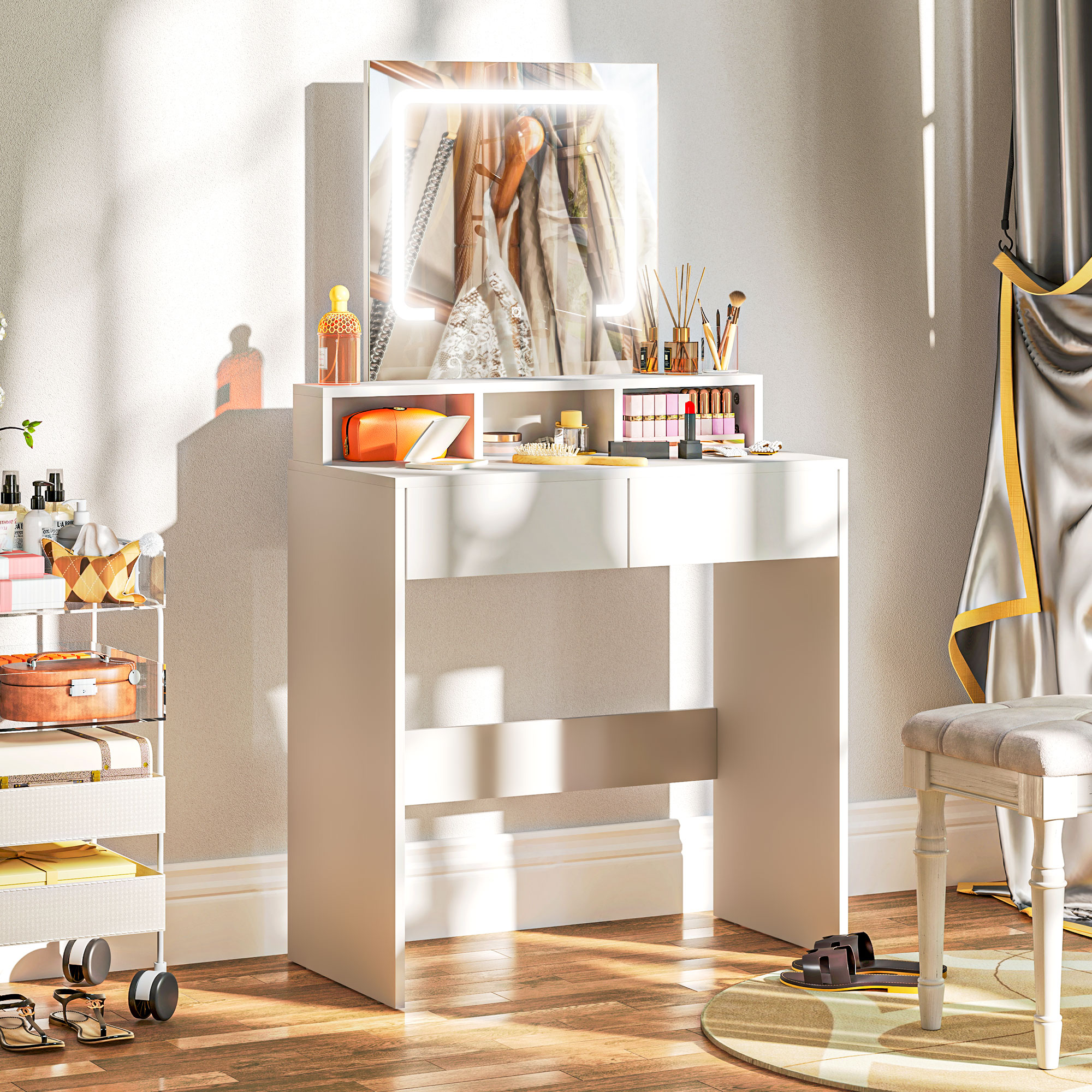 Makeup Vanity Desk with Mirror and LED Lights, for Bedroom, Modern Dressing Table with Drawers, Compartments, White - Image 6