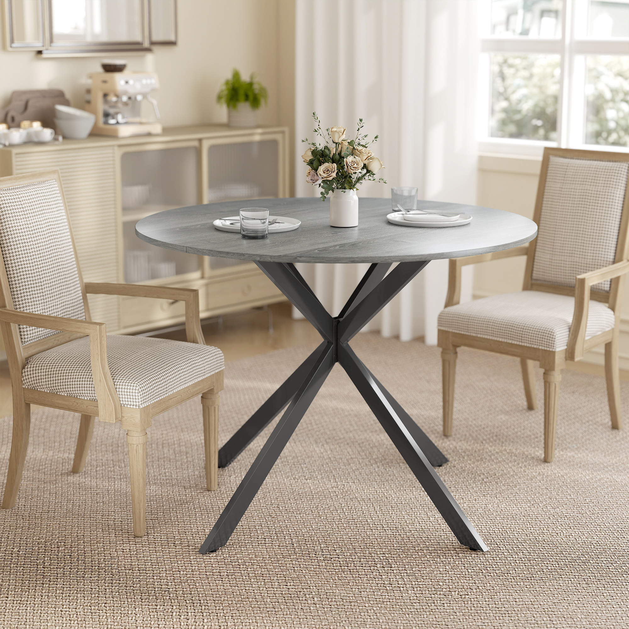 40" Round Kitchen Table for 4, Industrial Dining Table with Steel Legs for Dining Room, Distressed Grey - Image 5